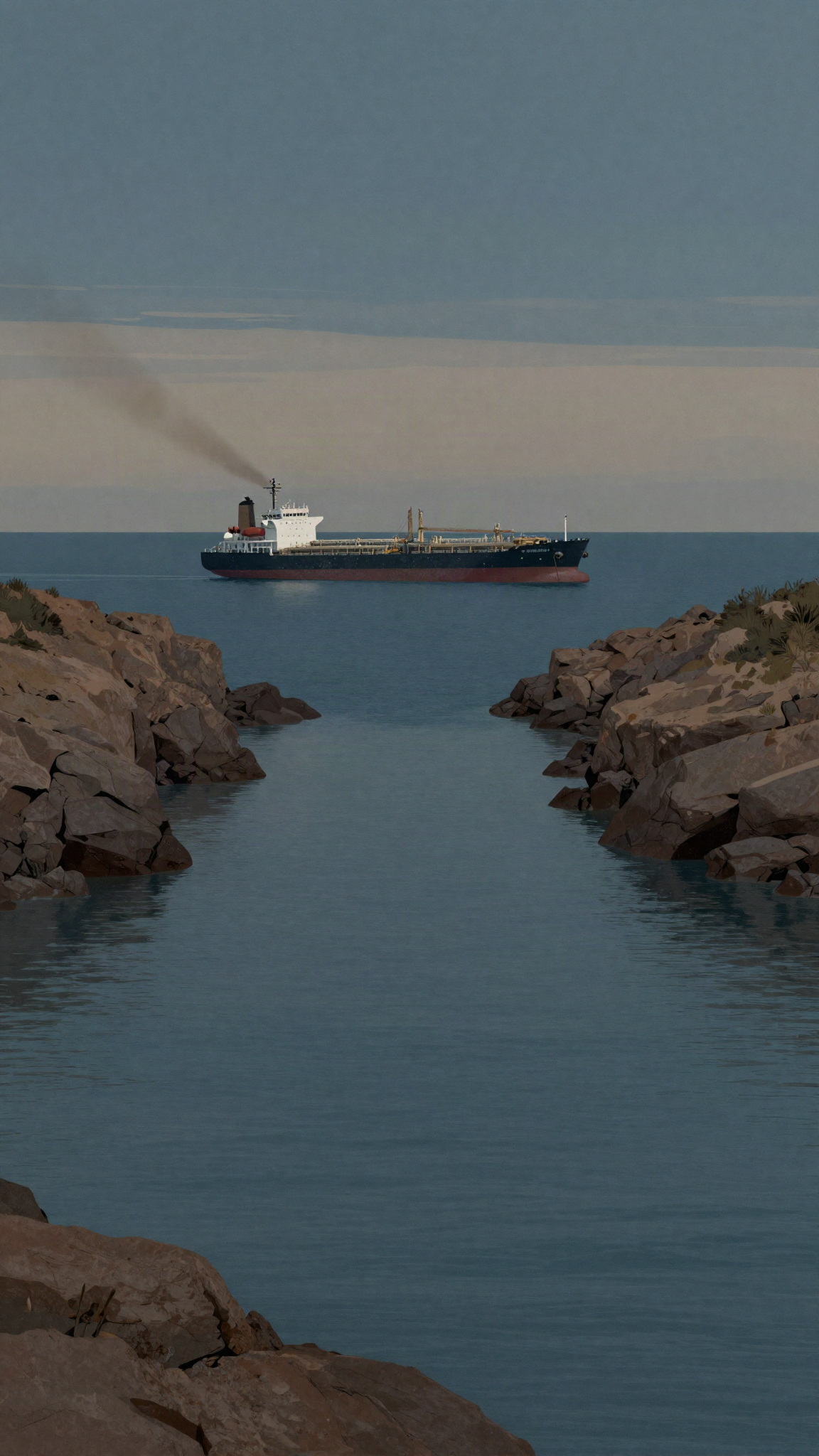 Un pétrolier traverse un détroit au crépuscule