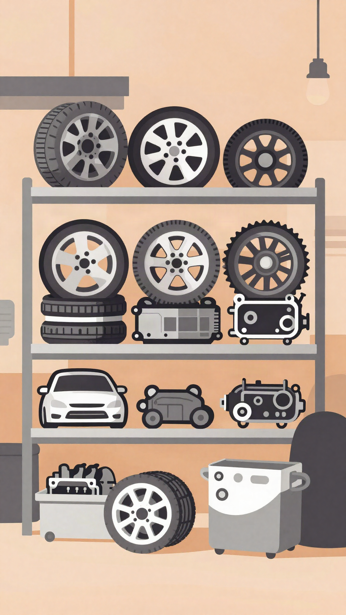 Pièces auto d'occasion sur des étagères, illustration