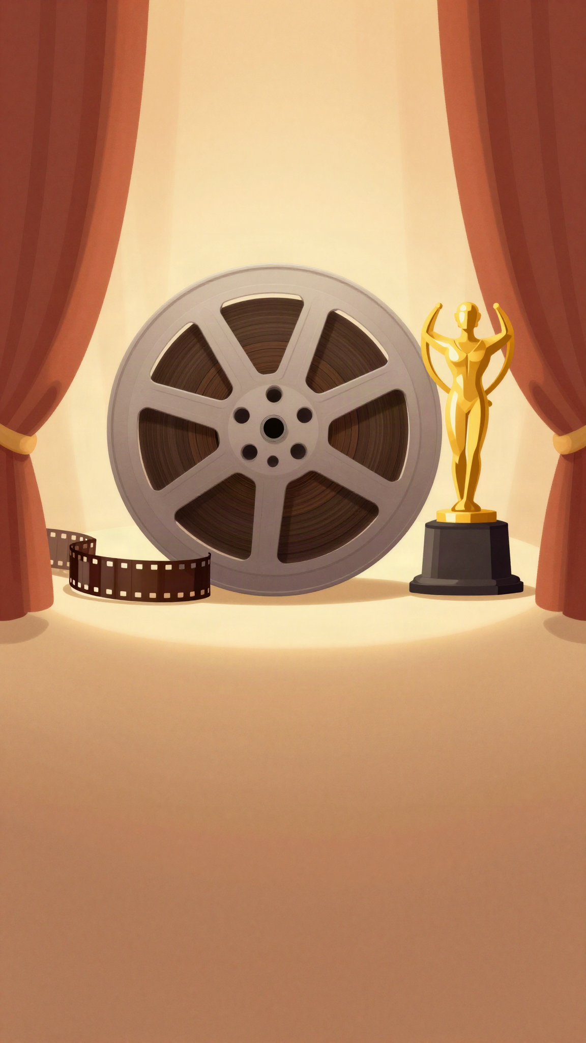 Une bobine de film et un trophée doré devant un rideau