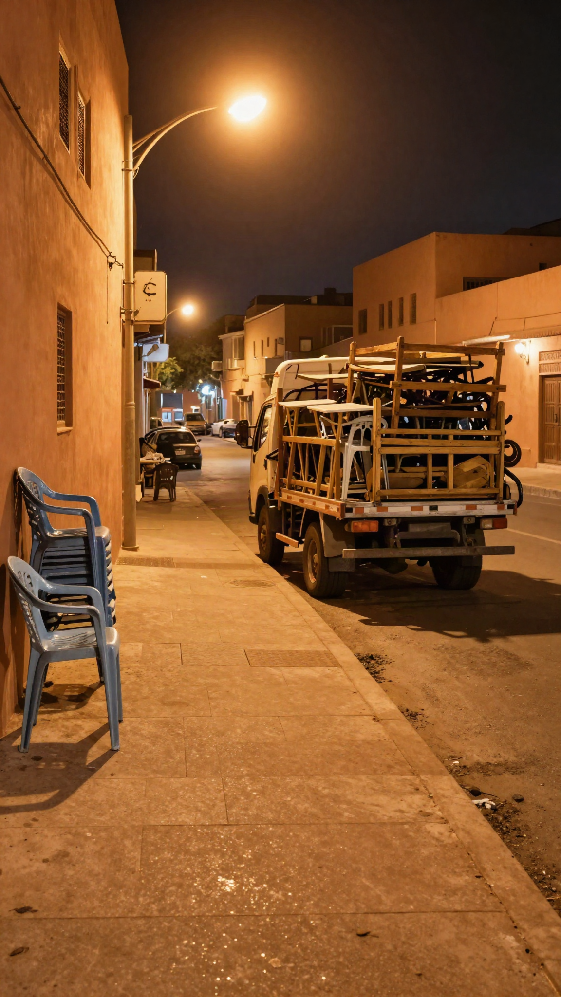 Illustration : un trottoir de Marrakech la nuit, chaises et charrettes chargées sur un camion