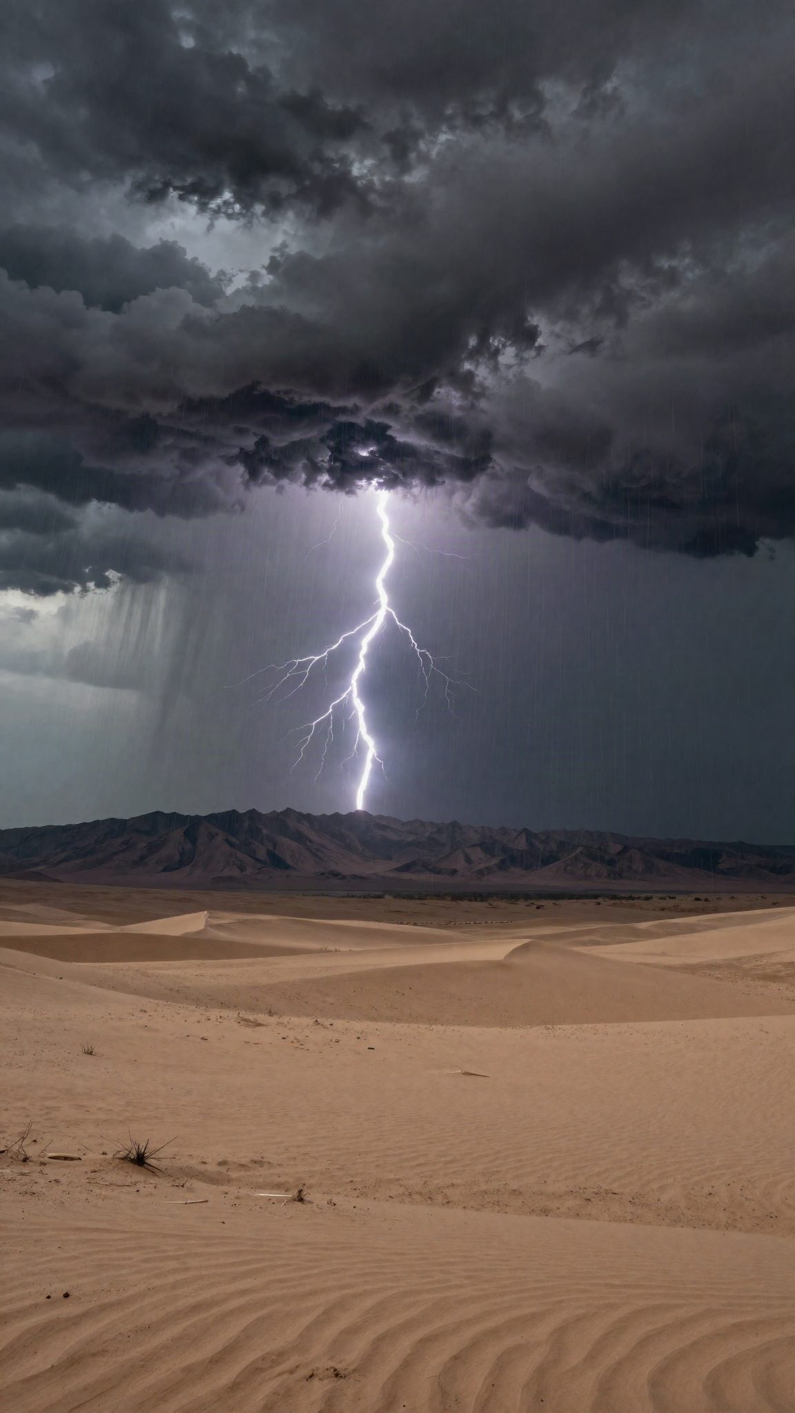 Illustration : orage sur un paysage de montagne et de désert