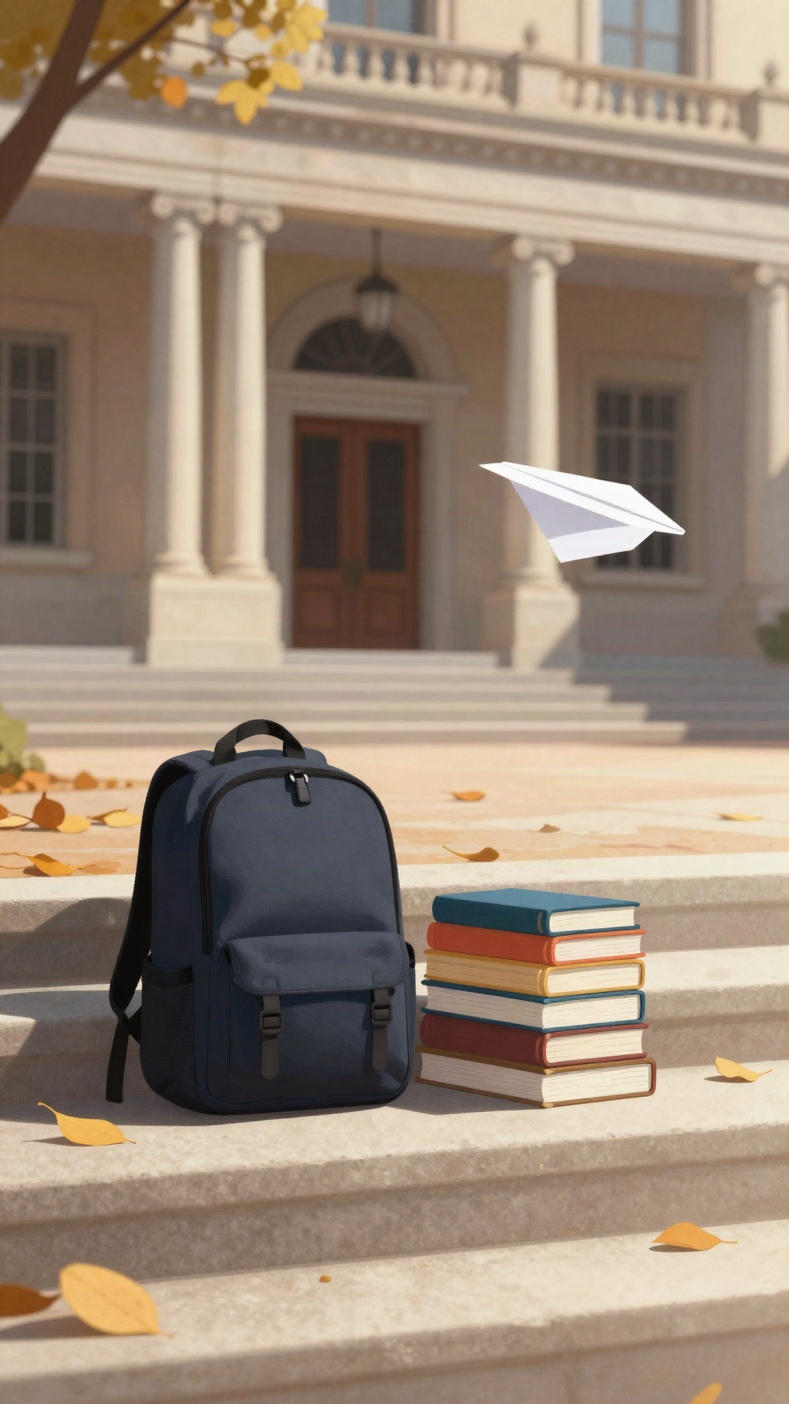 Sac et livres d'étudiant devant une université, illustration