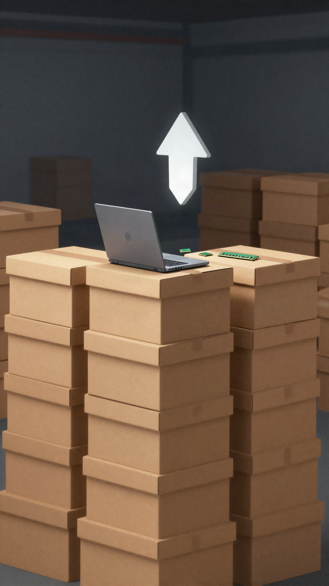 Illustration : des cartons d'ordinateurs portables empilés dans un entrepôt