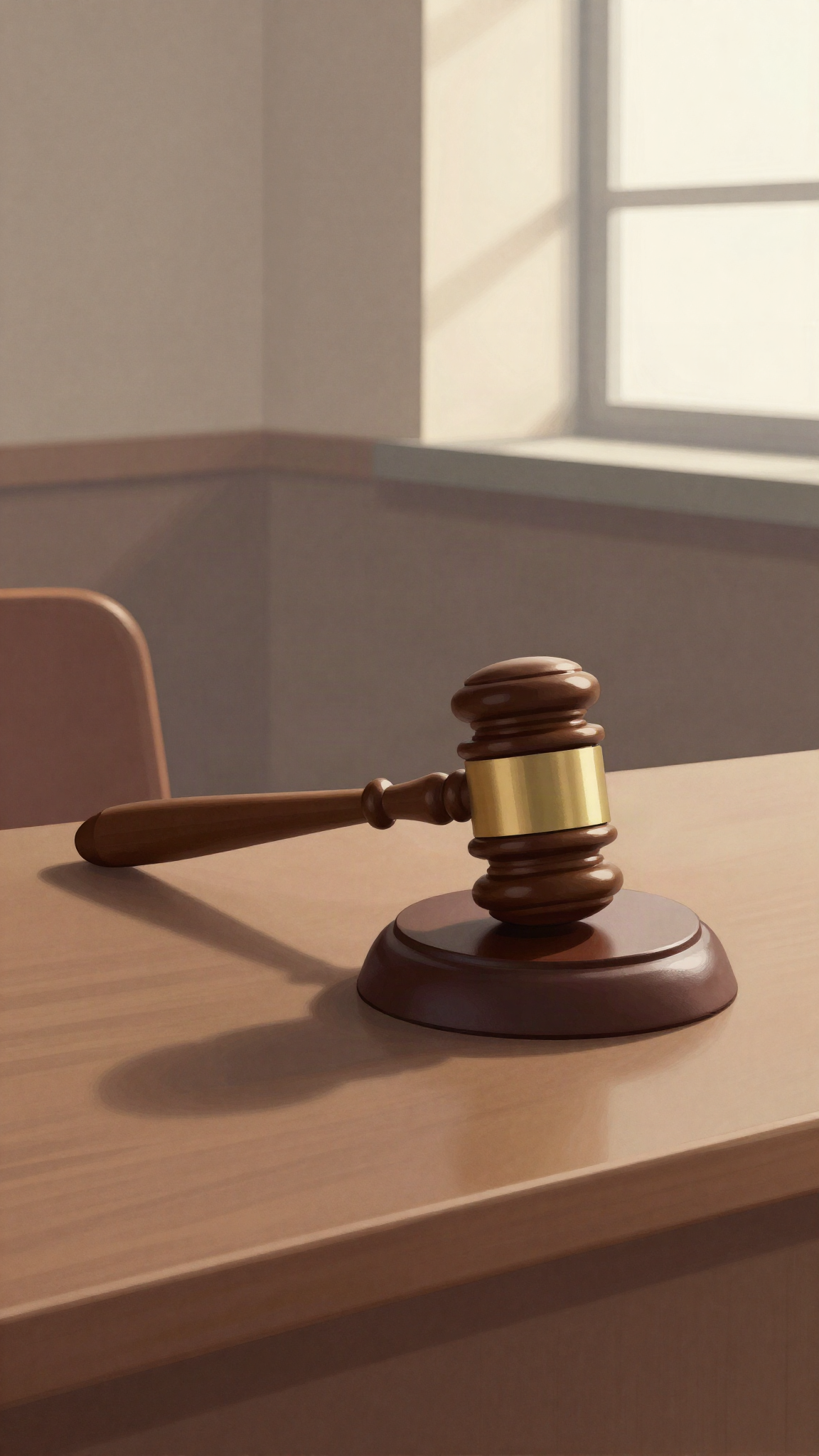 Un marteau de juge sur un bureau de tribunal