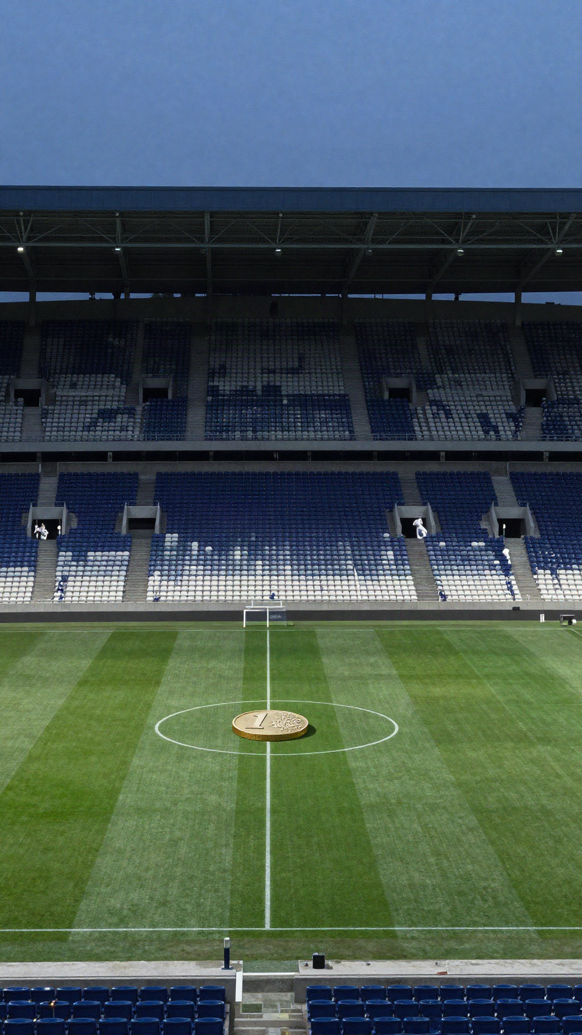 Une pièce d'un euro au centre d'un stade vide