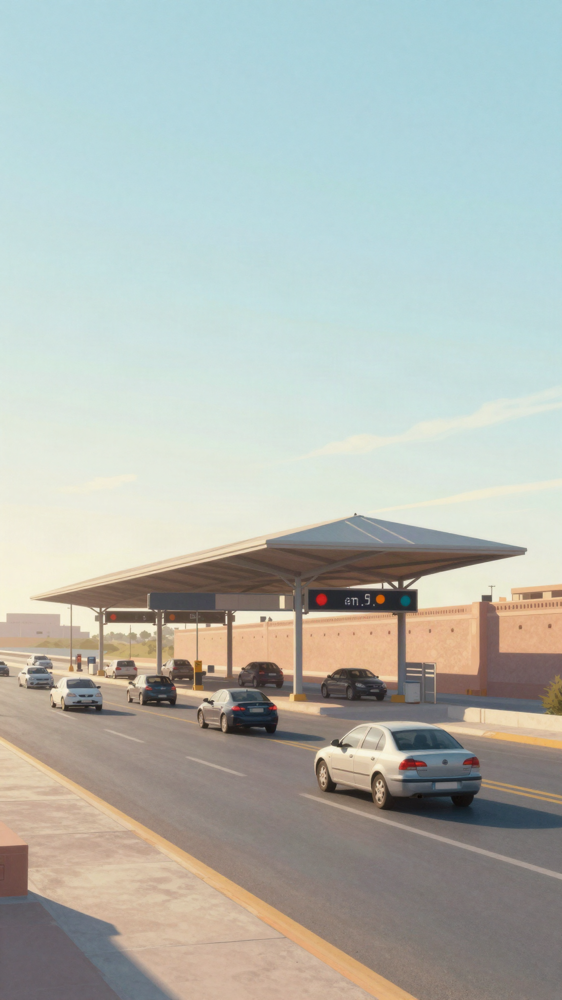 Illustration : une gare de péage couverte sur une autoroute