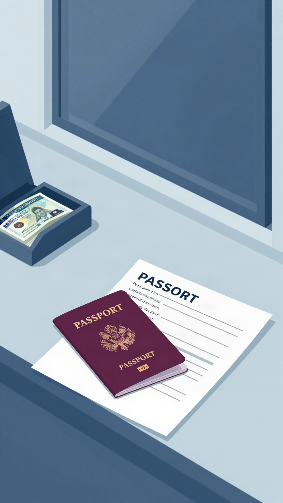 Passeport et dossier de visa sur un guichet, illustration