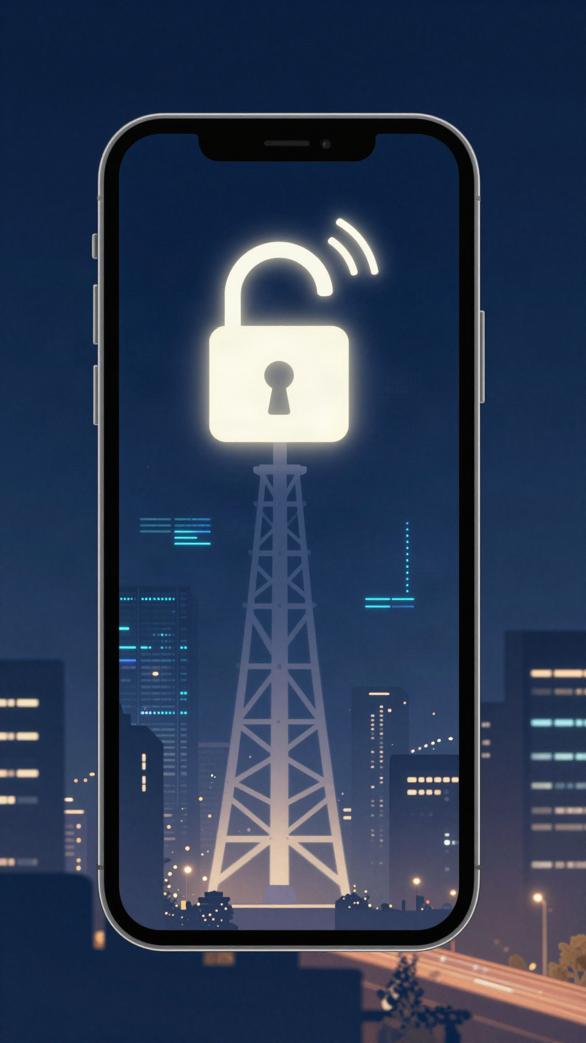 Smartphone et tour de réseau au-dessus d'une ville la nuit