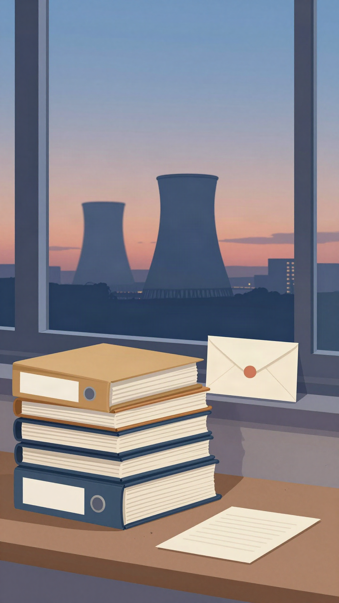 Un bureau, des dossiers et une centrale nucléaire au loin (illustration)