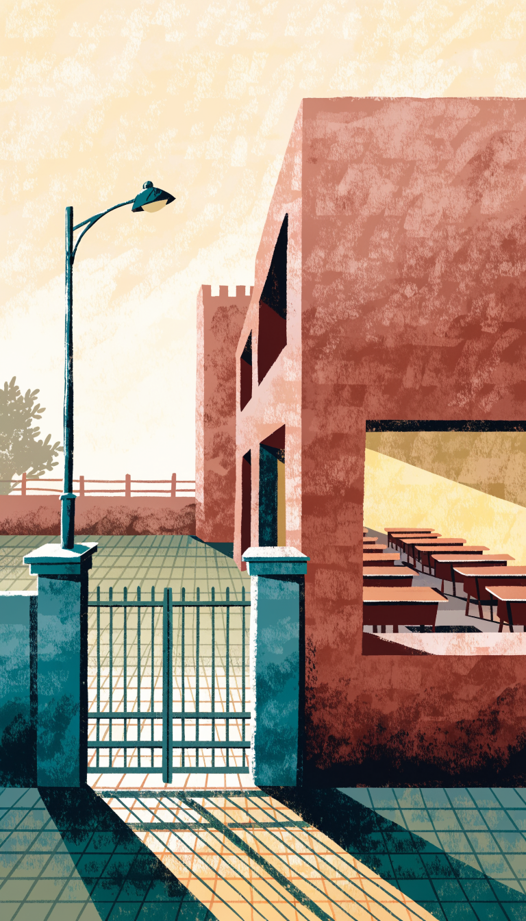 Illustration : cour d'école vide et salle de classe