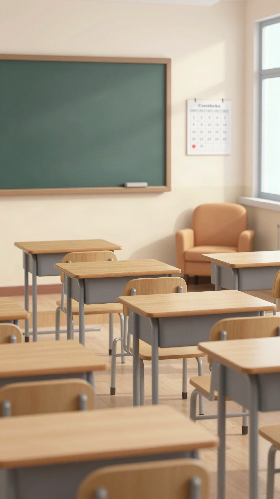 Salle de classe vide avec tableau et fauteuil près de la fenêtre