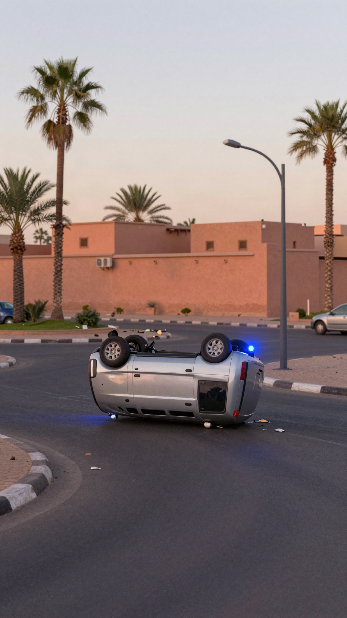 Illustration : voiture retournée sur un rond-point à Marrakech