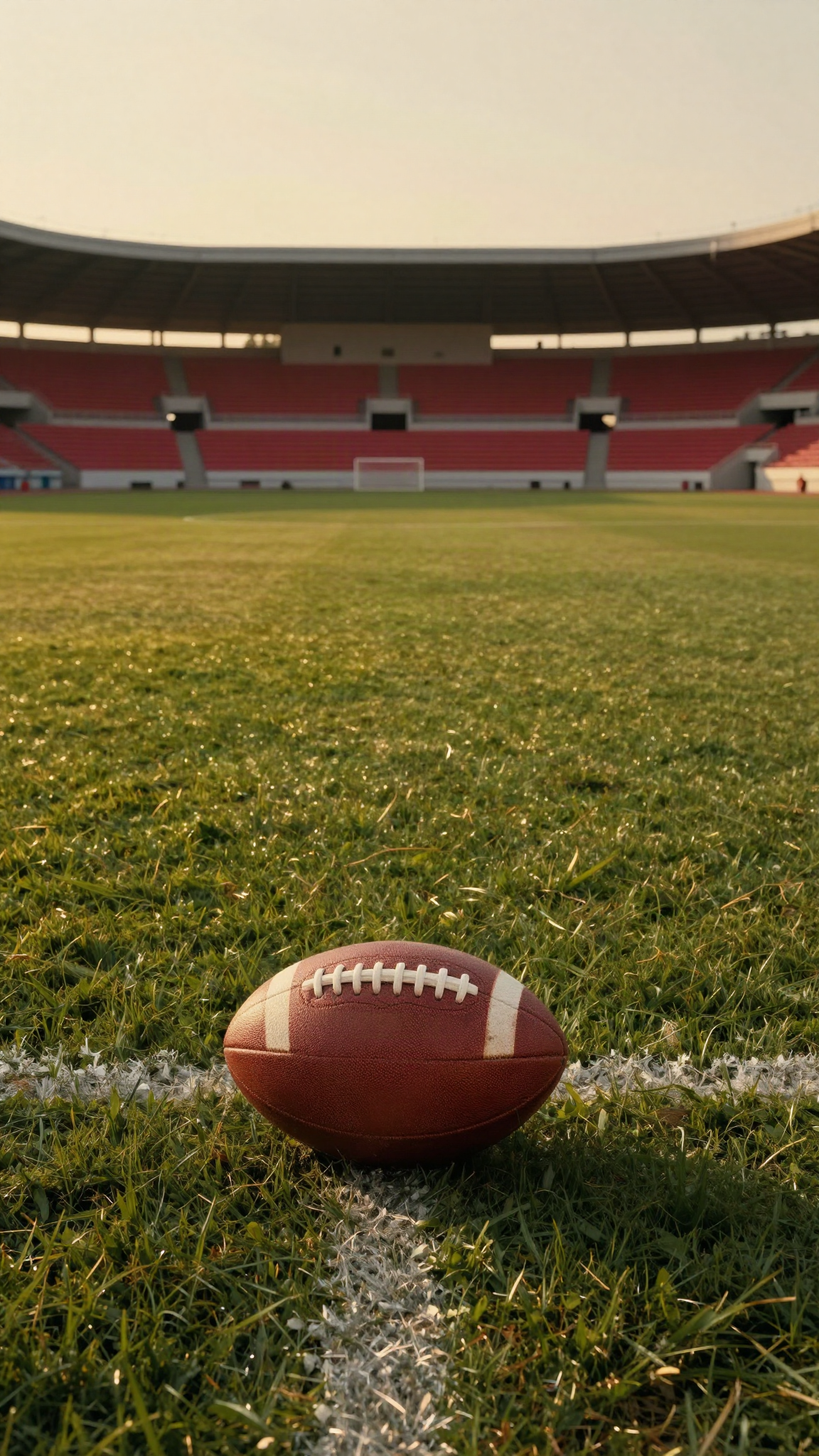 Ballon de football sur une pelouse vide au crépuscule