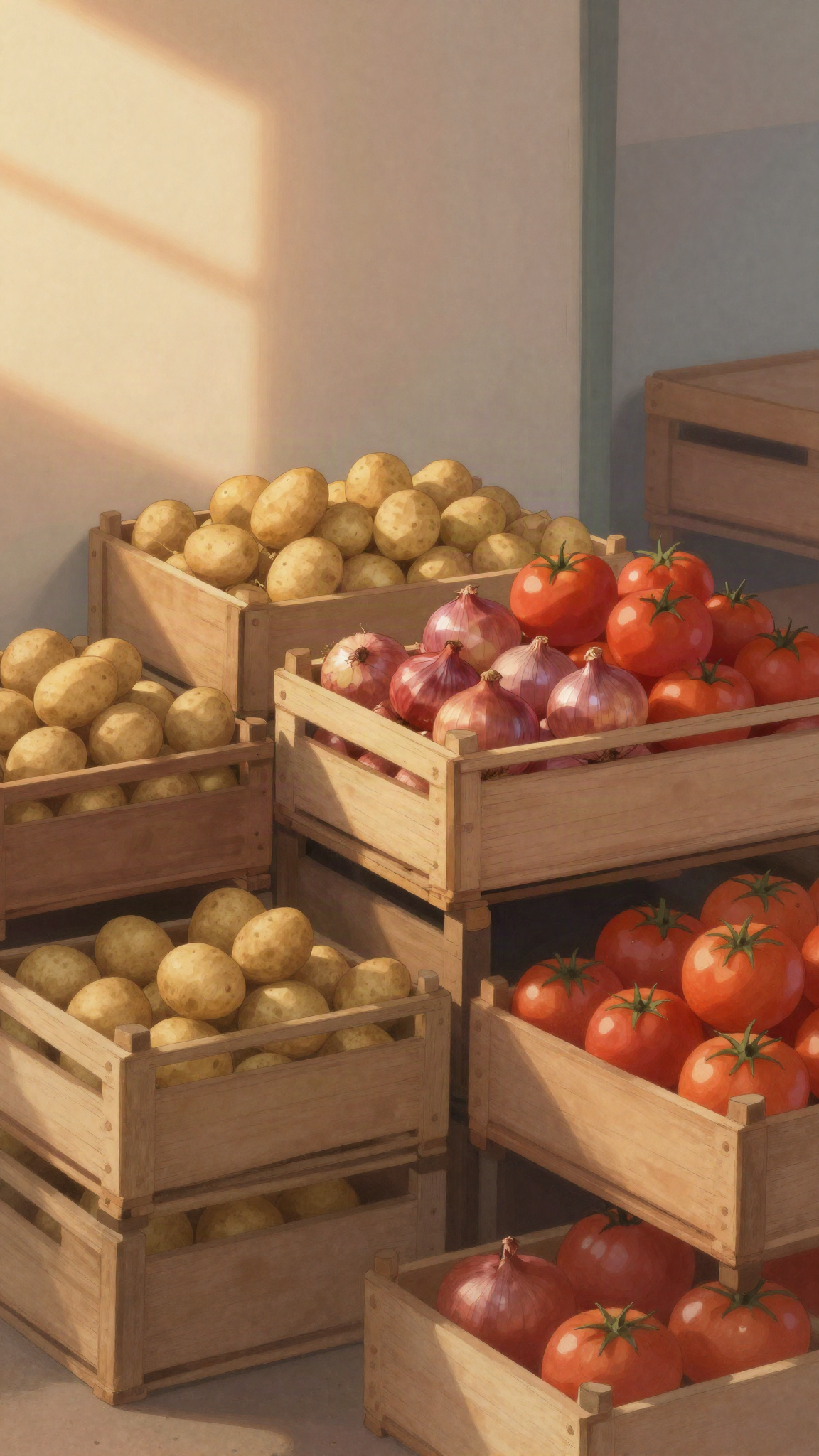 Illustration : caisses de légumes dans un marché de gros (pommes de terre, oignons, tomates)