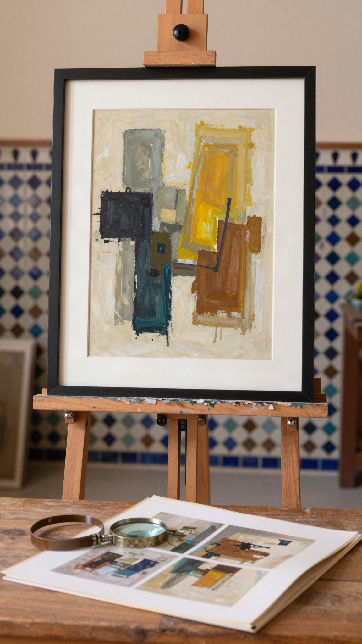 Illustration : un tableau sur un chevalet, une loupe et un dossier d'archives