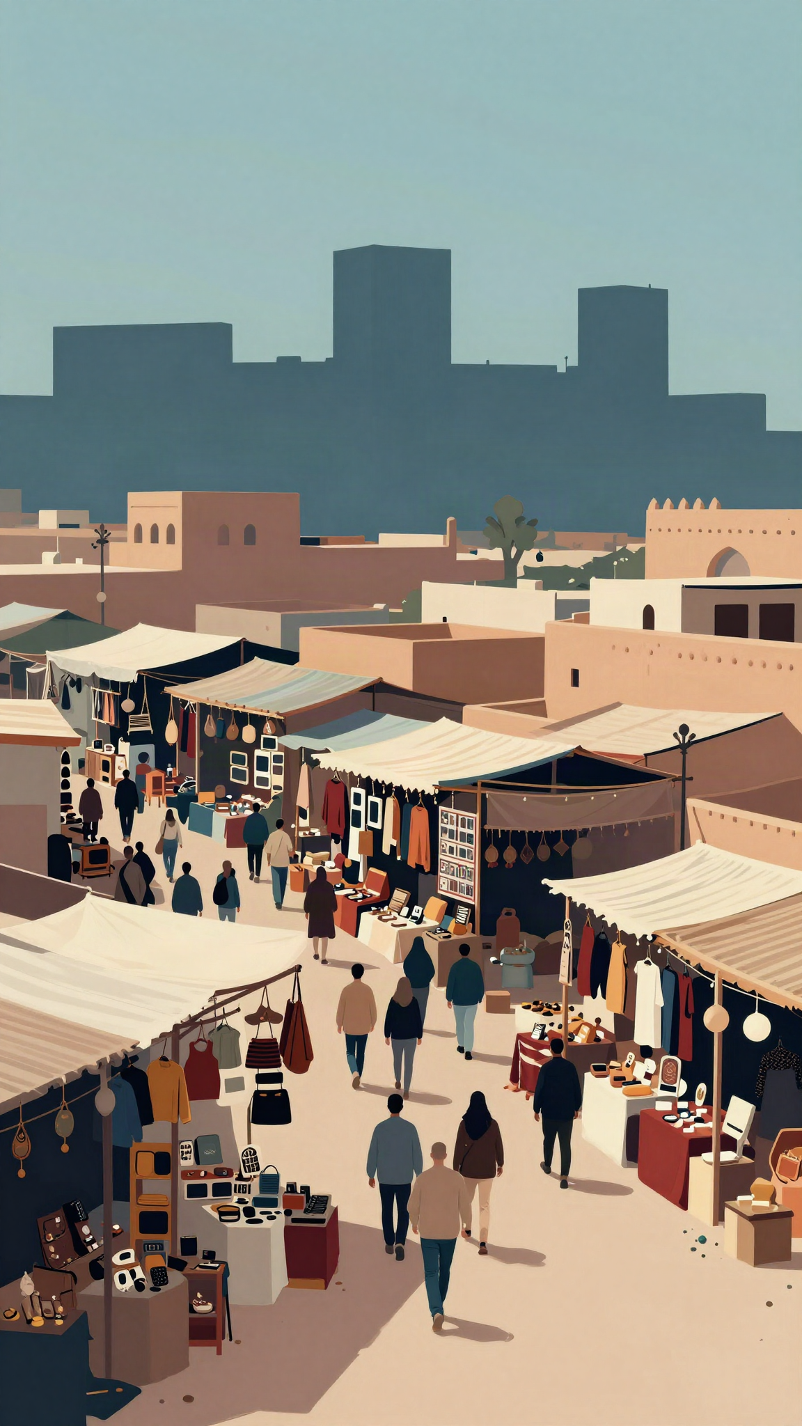 Illustration : un marché aux puces marocain sous des bâches