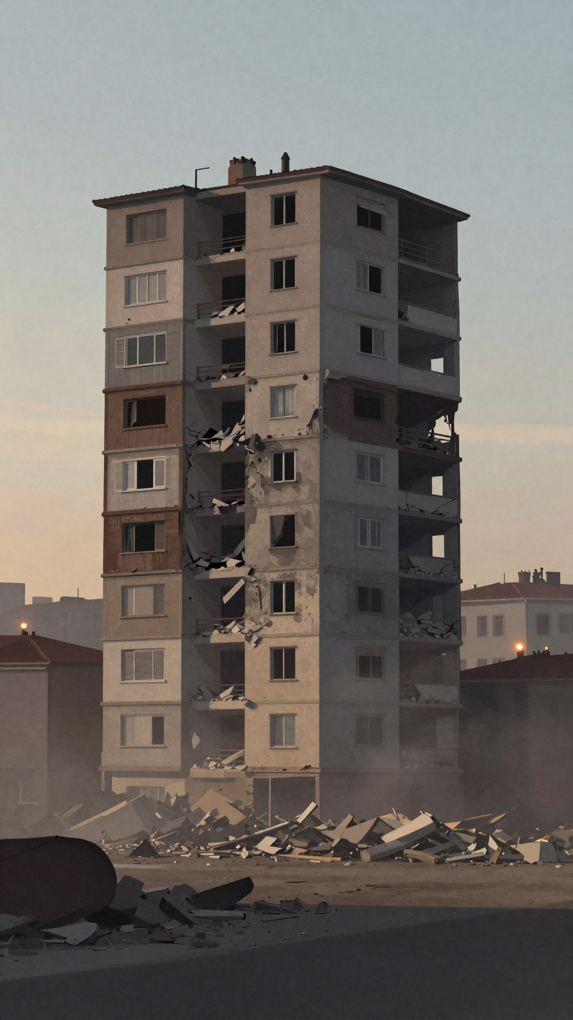 Immeuble effondré à l'aube (illustration)
