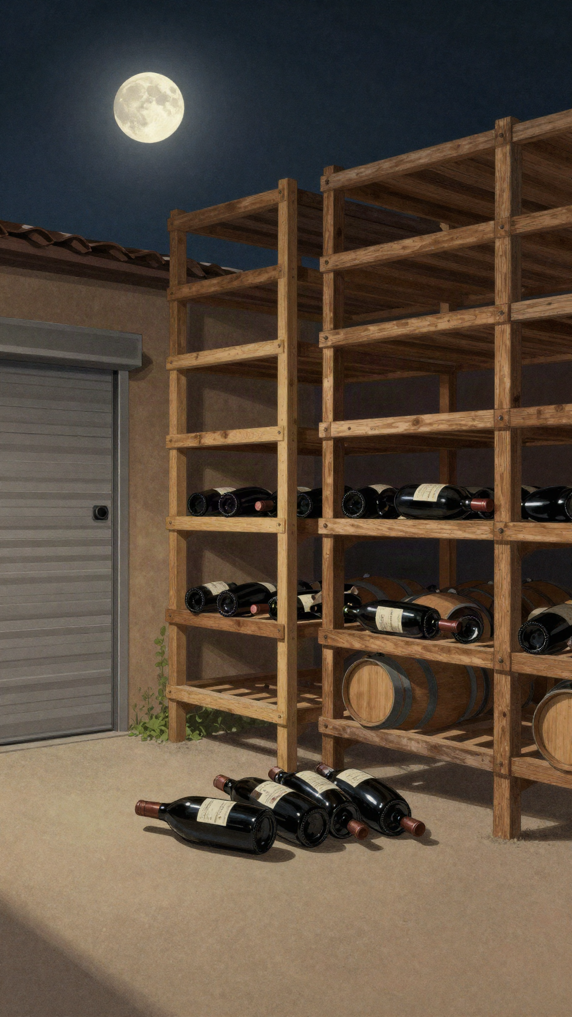 Illustration : un entrepôt de vin à moitié vide, la nuit