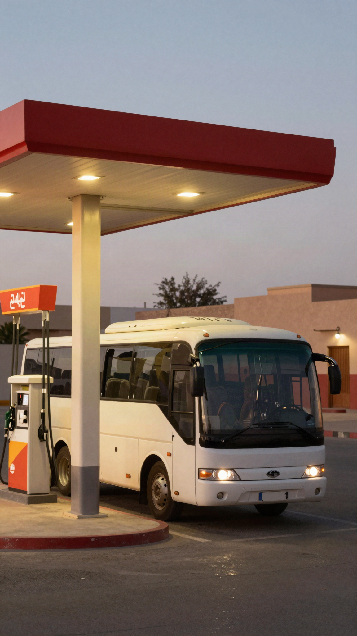 Autocar à une station-service au crépuscule