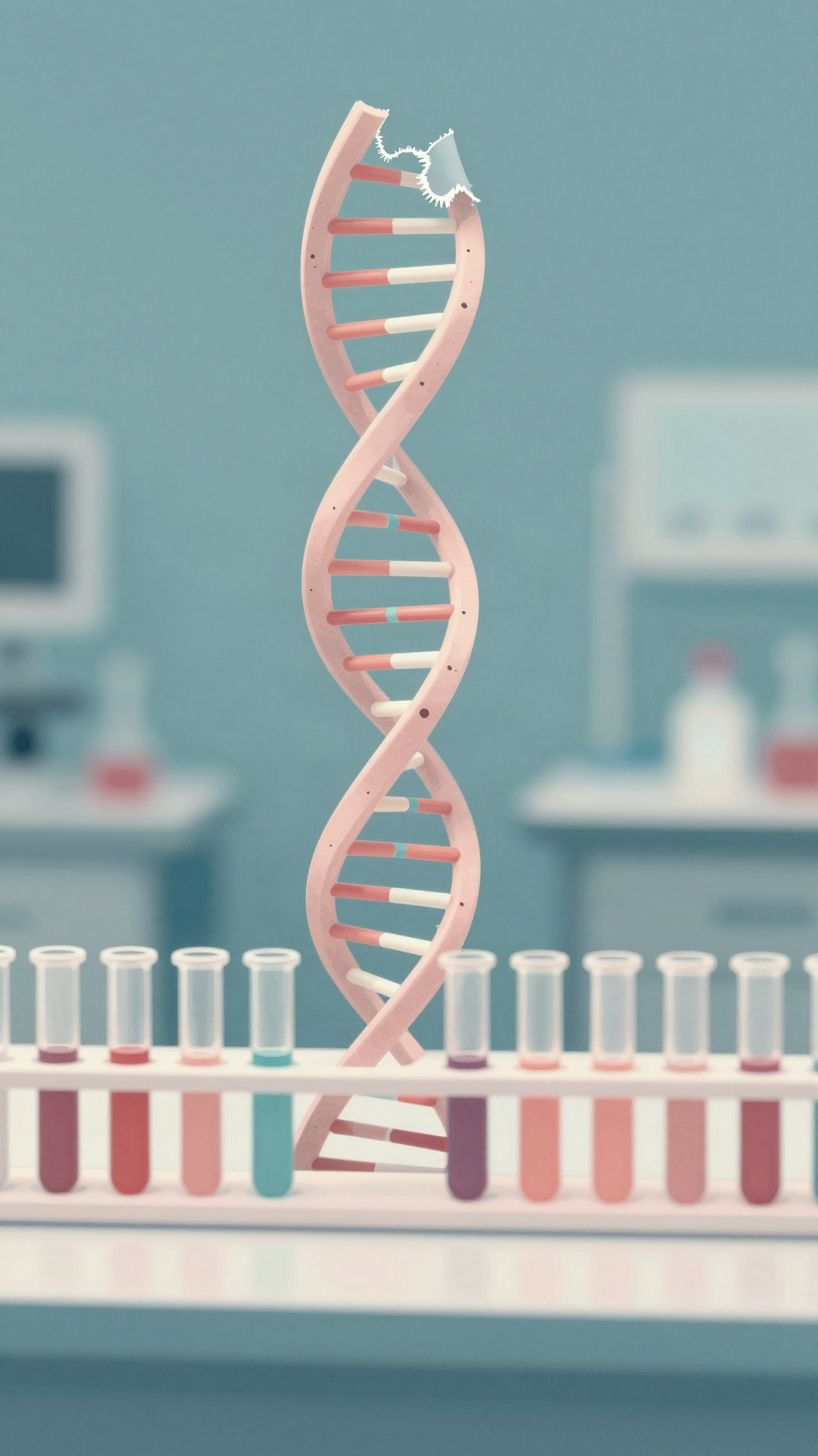 Illustration : une double hélice d'ADN au-dessus de tubes de laboratoire