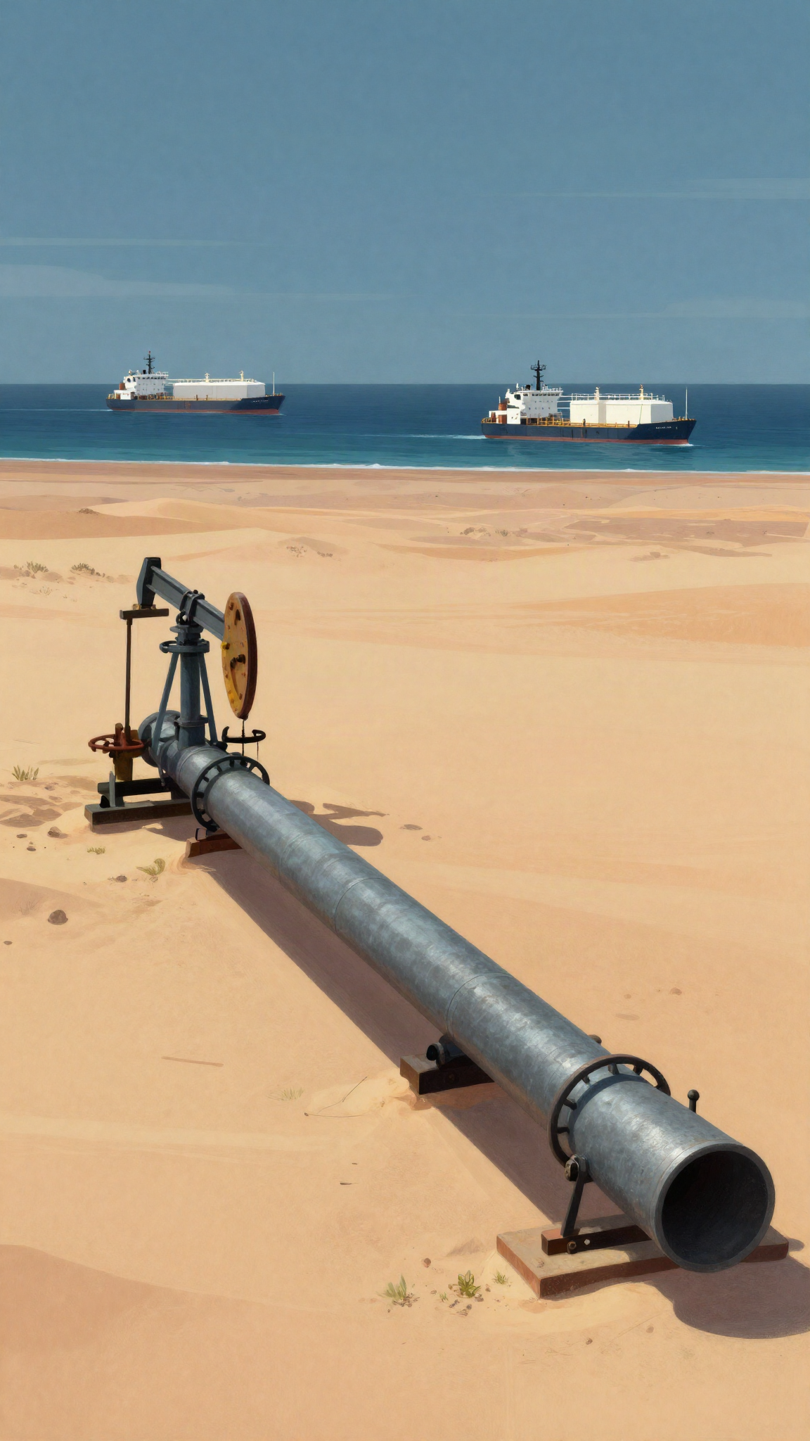 Illustration : un oléoduc traverse le désert jusqu'à un port pétrolier