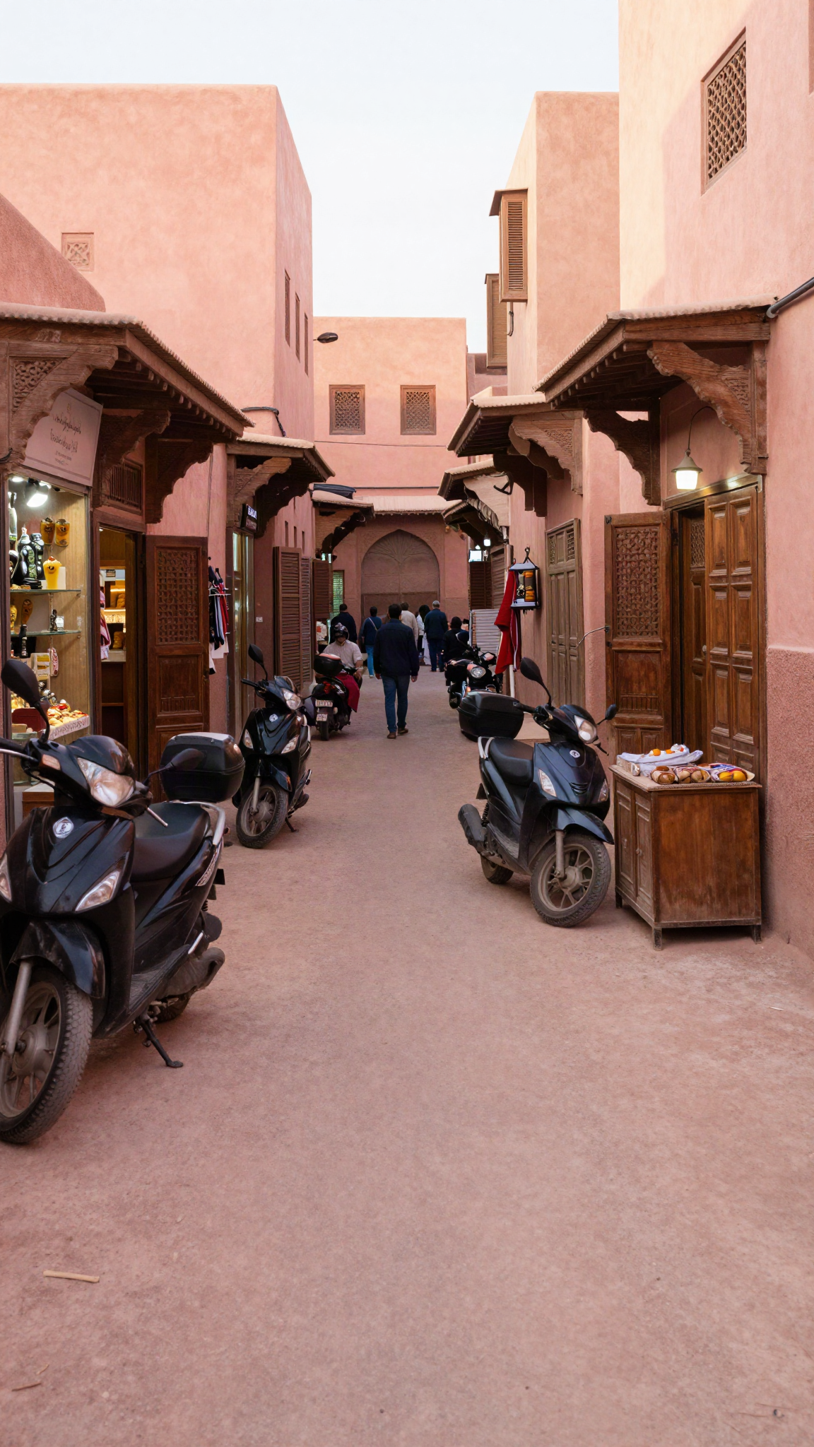 Illustration : une ruelle étroite de la médina de Marrakech avec des motos