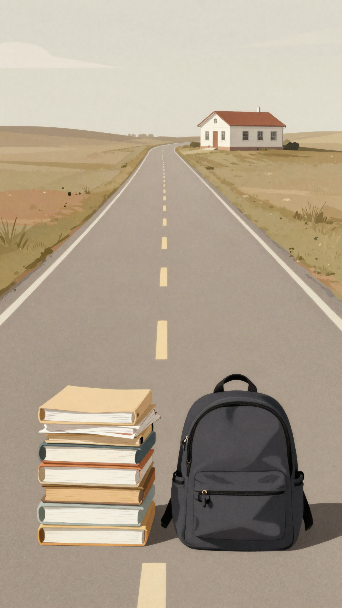 Illustration : une route qui s'éloigne d'une petite école