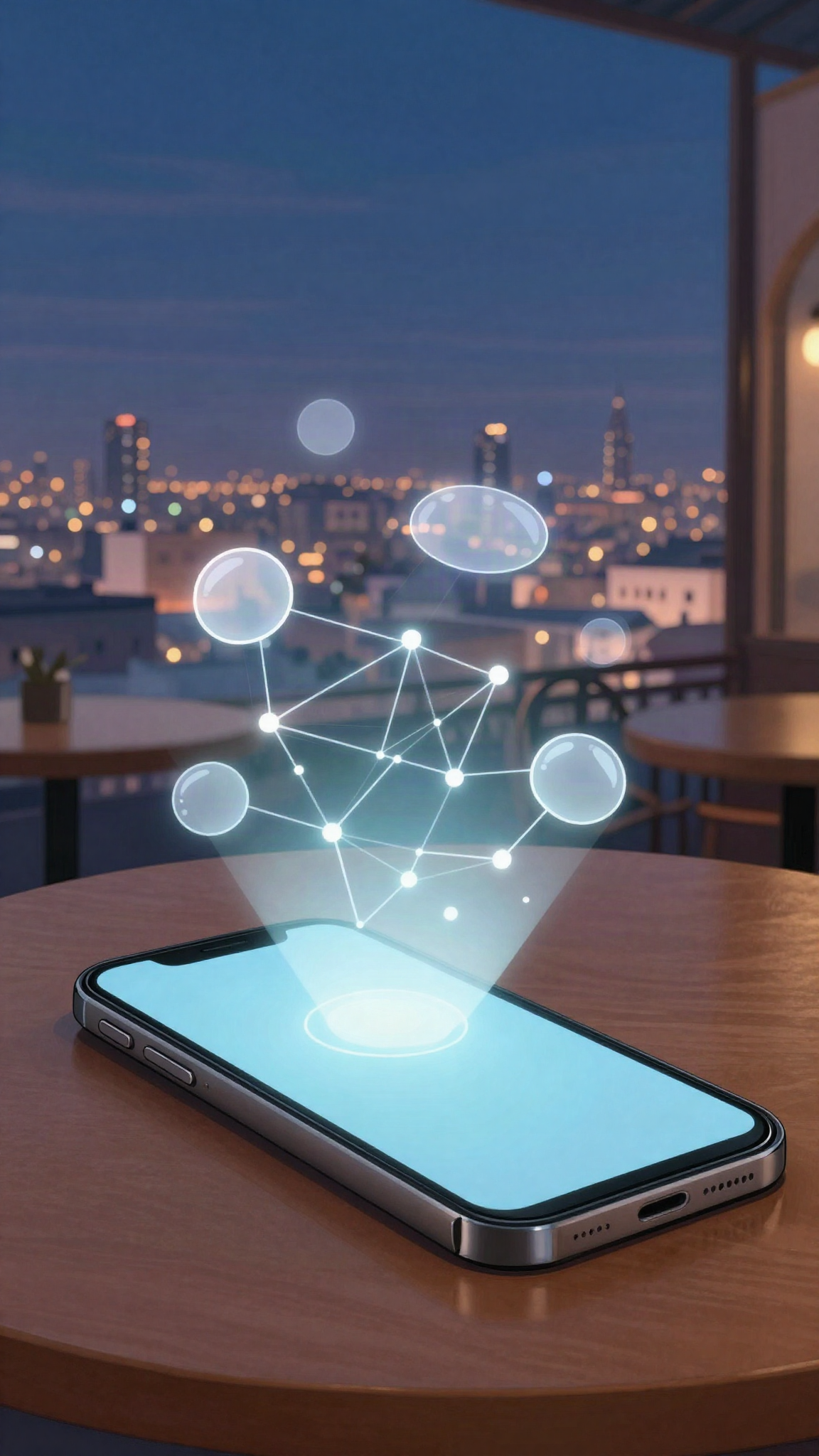 Illustration : un smartphone et des réseaux au-dessus d'une ville