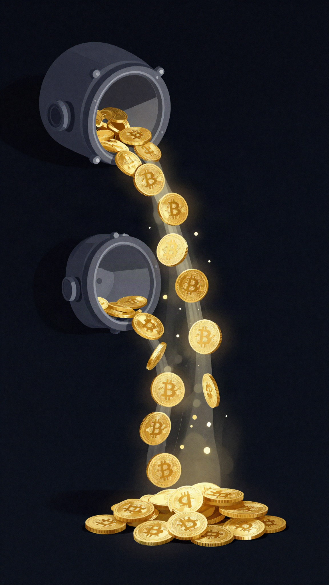 Pièces de crypto s'échappant d'un coffre numérique, illustration