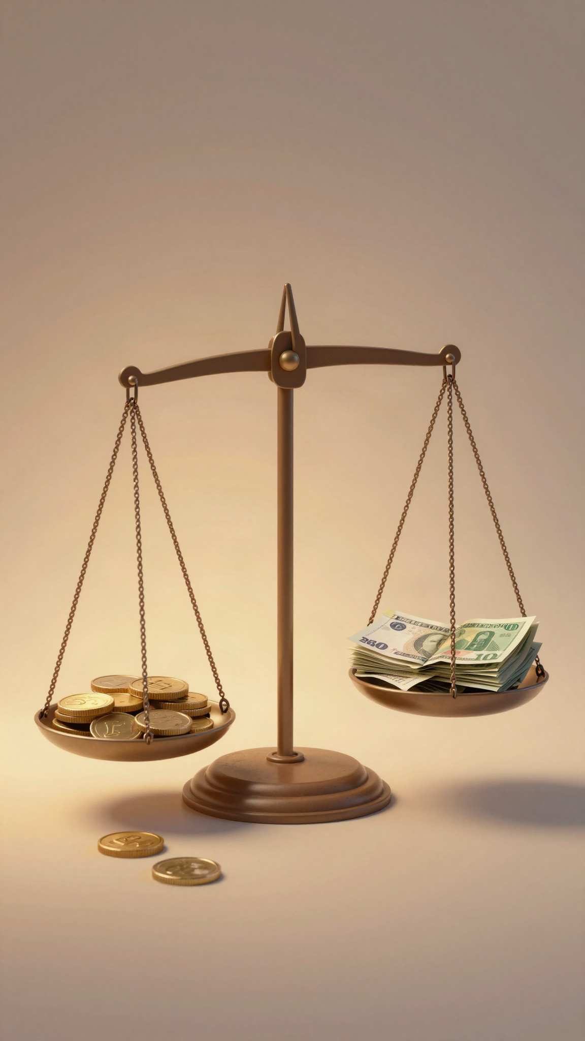 Illustration : pièces et billets sur une balance