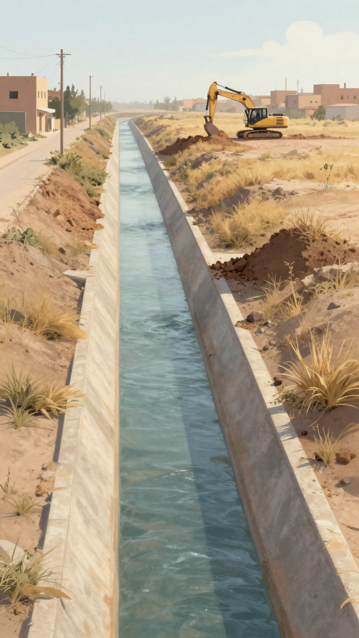 Illustration : un canal anti-crues en chantier au bord d'un oued