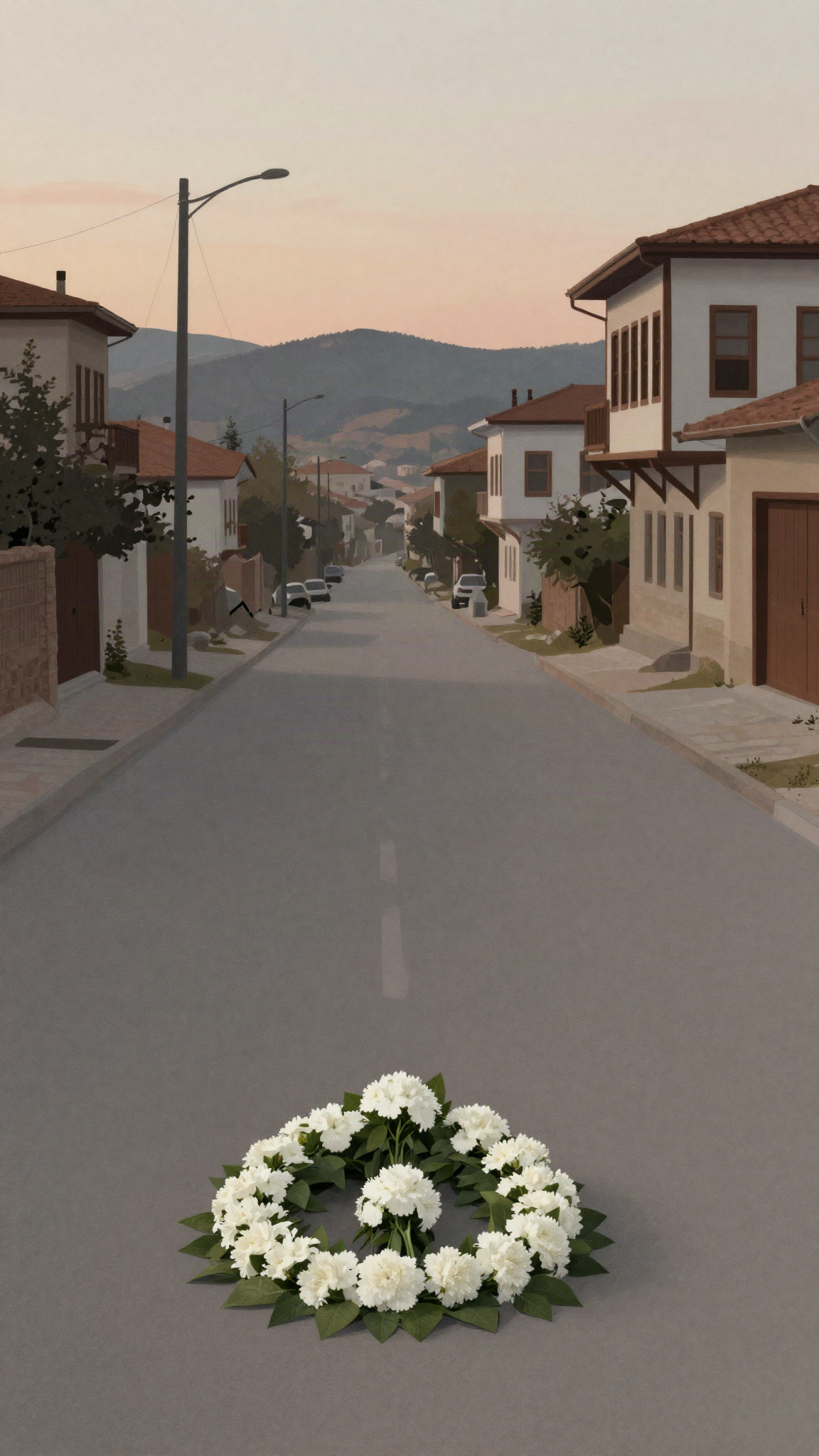 Illustration : une rue de ville frontalière au crépuscule, une couronne de fleurs blanches