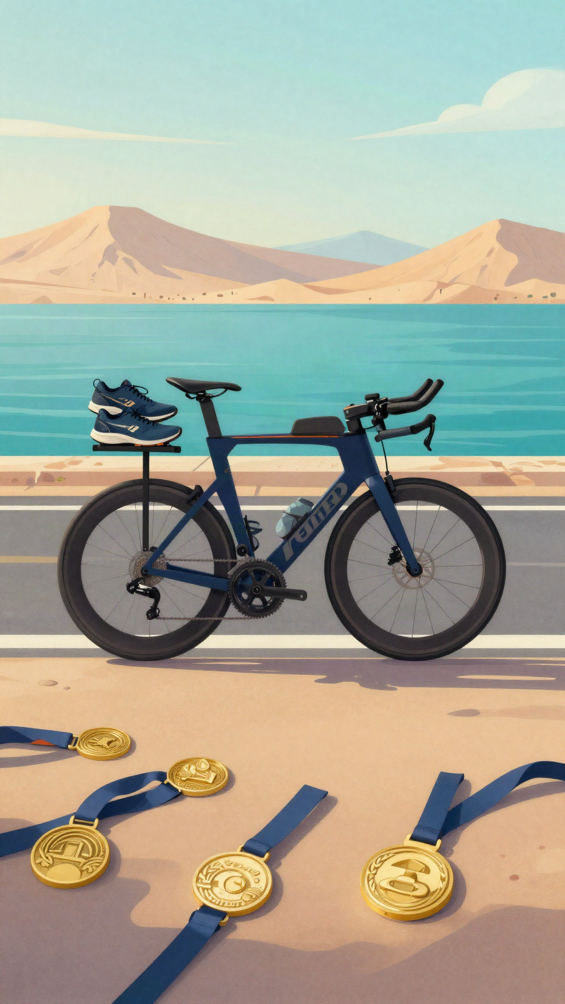 Vélo de triathlon et médailles d'or au bord de la mer Rouge, illustration