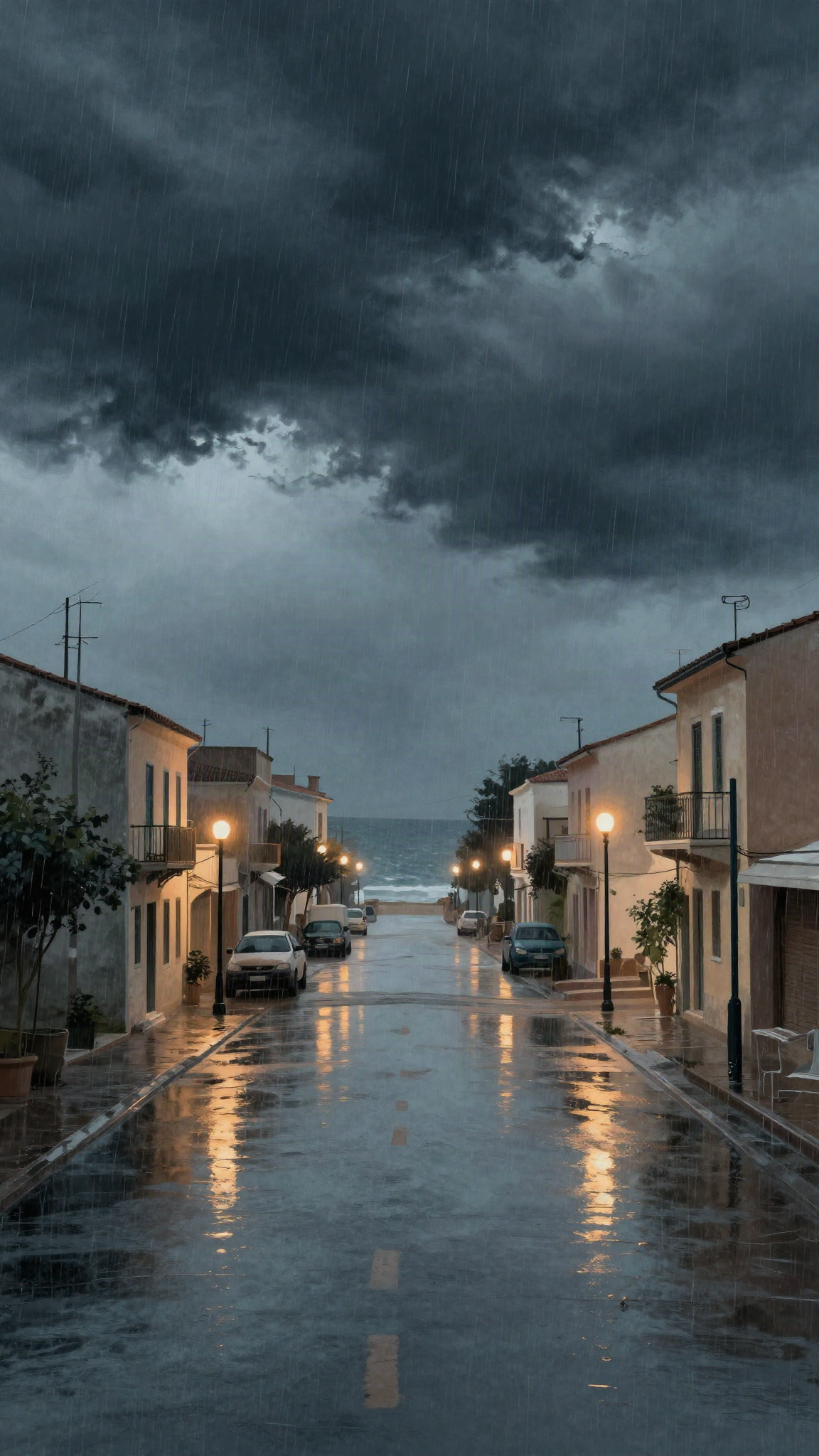 Orage sur une ville côtière, illustration