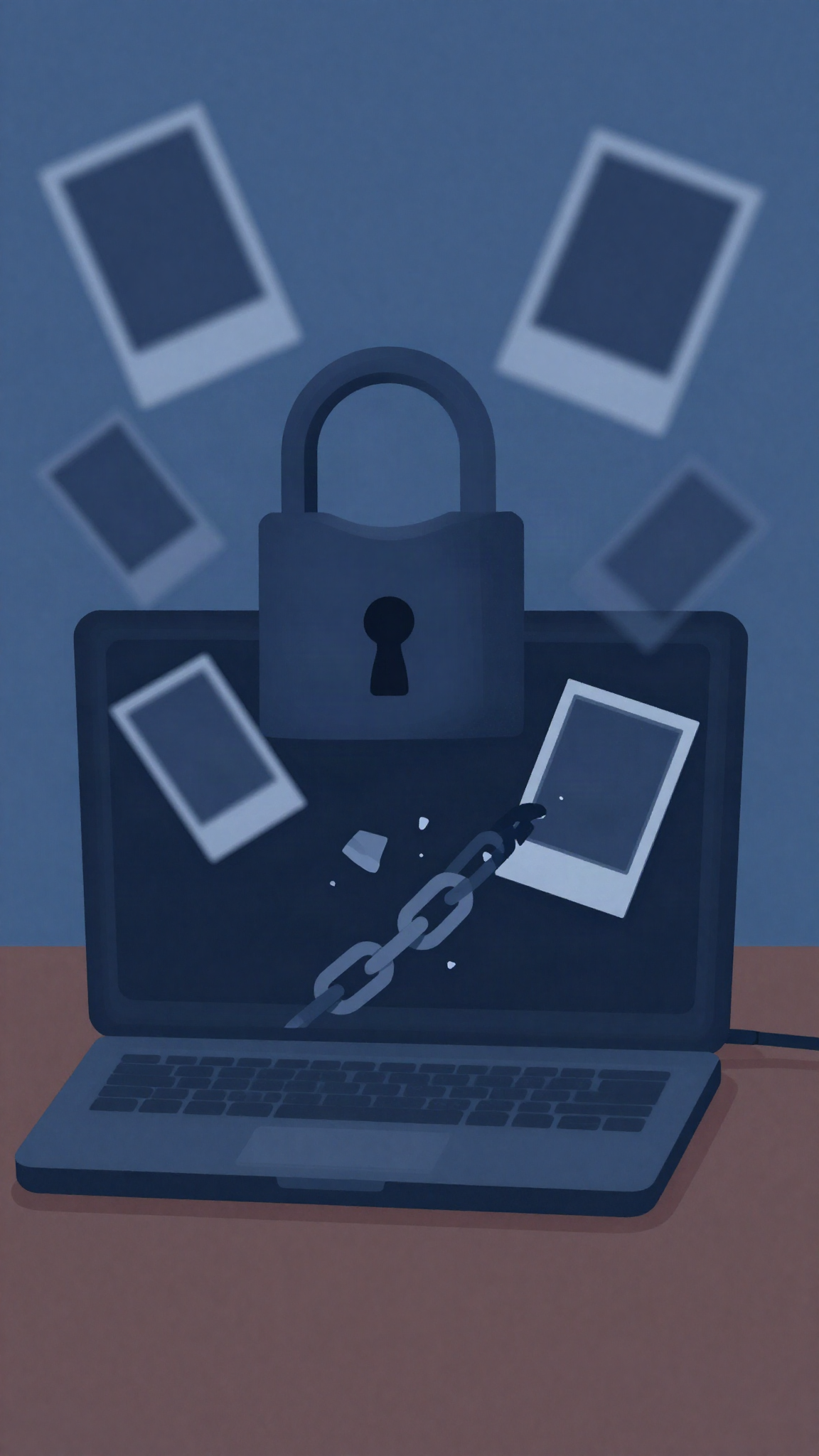 Un ordinateur verrouillé par un cadenas, une chaîne brisée (illustration)
