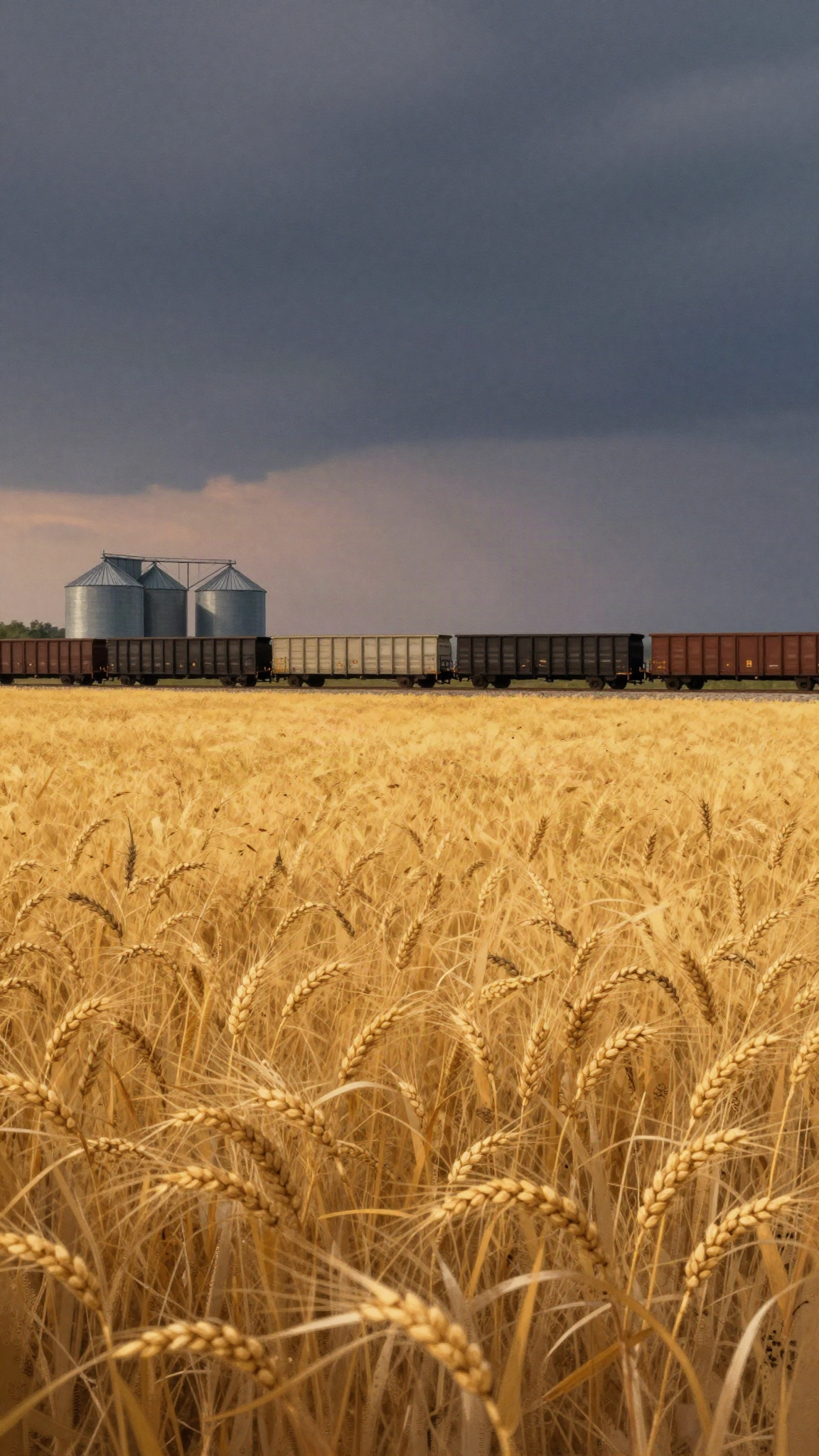 Champ de blé, train de marchandises et silos au crépuscule