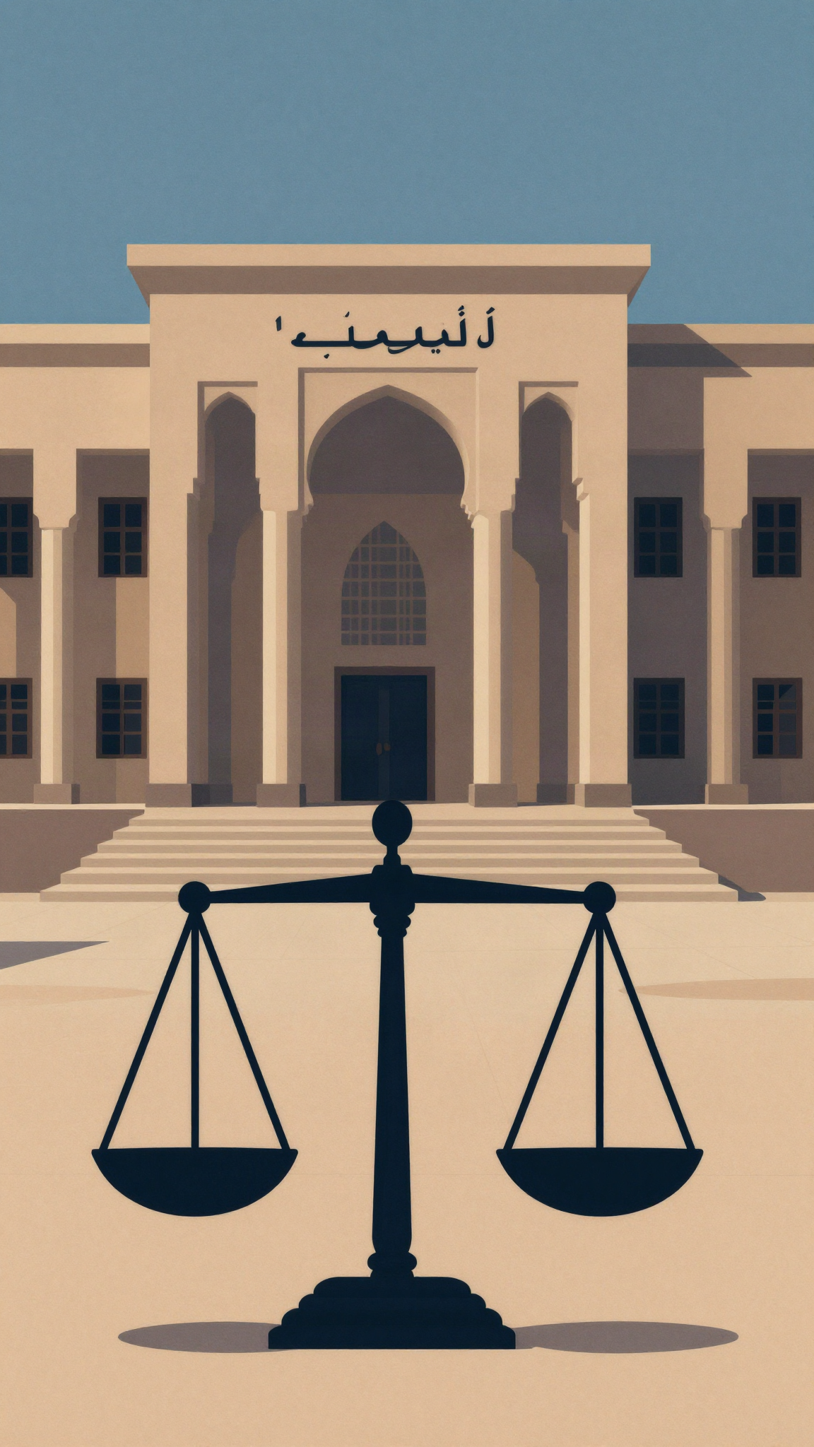 Palais de justice au crépuscule, balance de la justice (illustration)