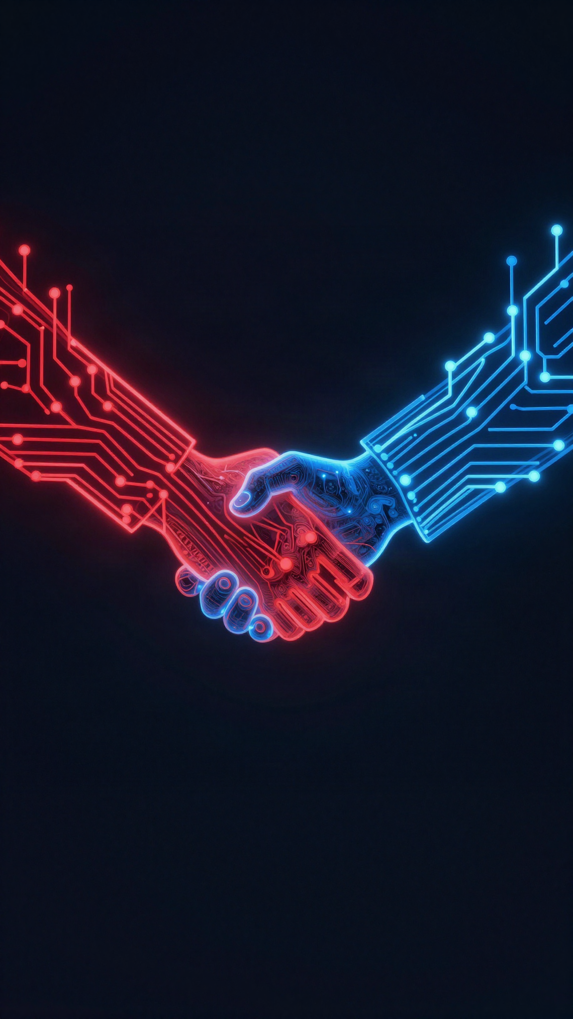 Deux réseaux lumineux, rouge et bleu, qui se rejoignent