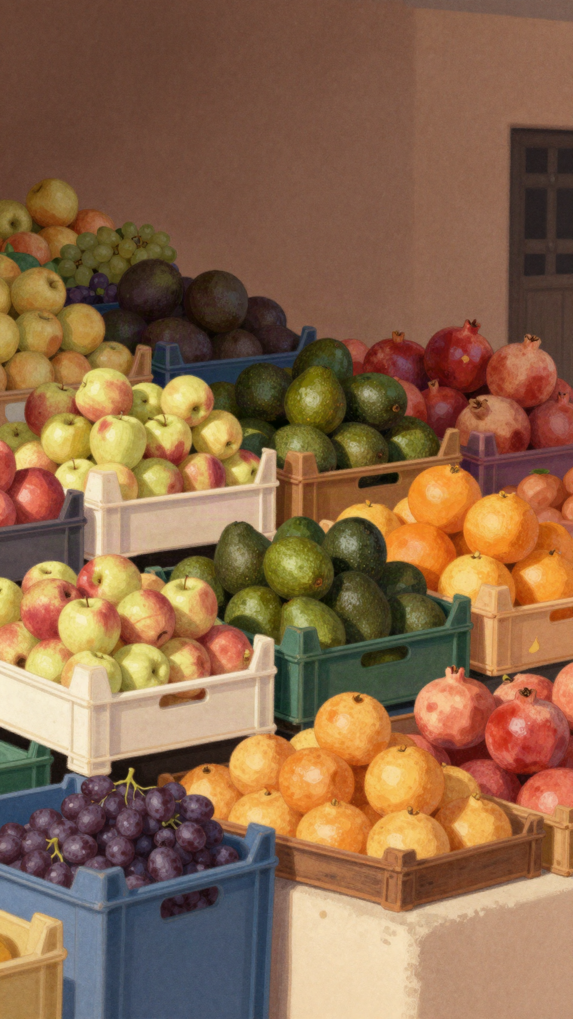 Caisses de pommes, raisin, avocats, clémentines et grenades sur un marché de gros, illustration