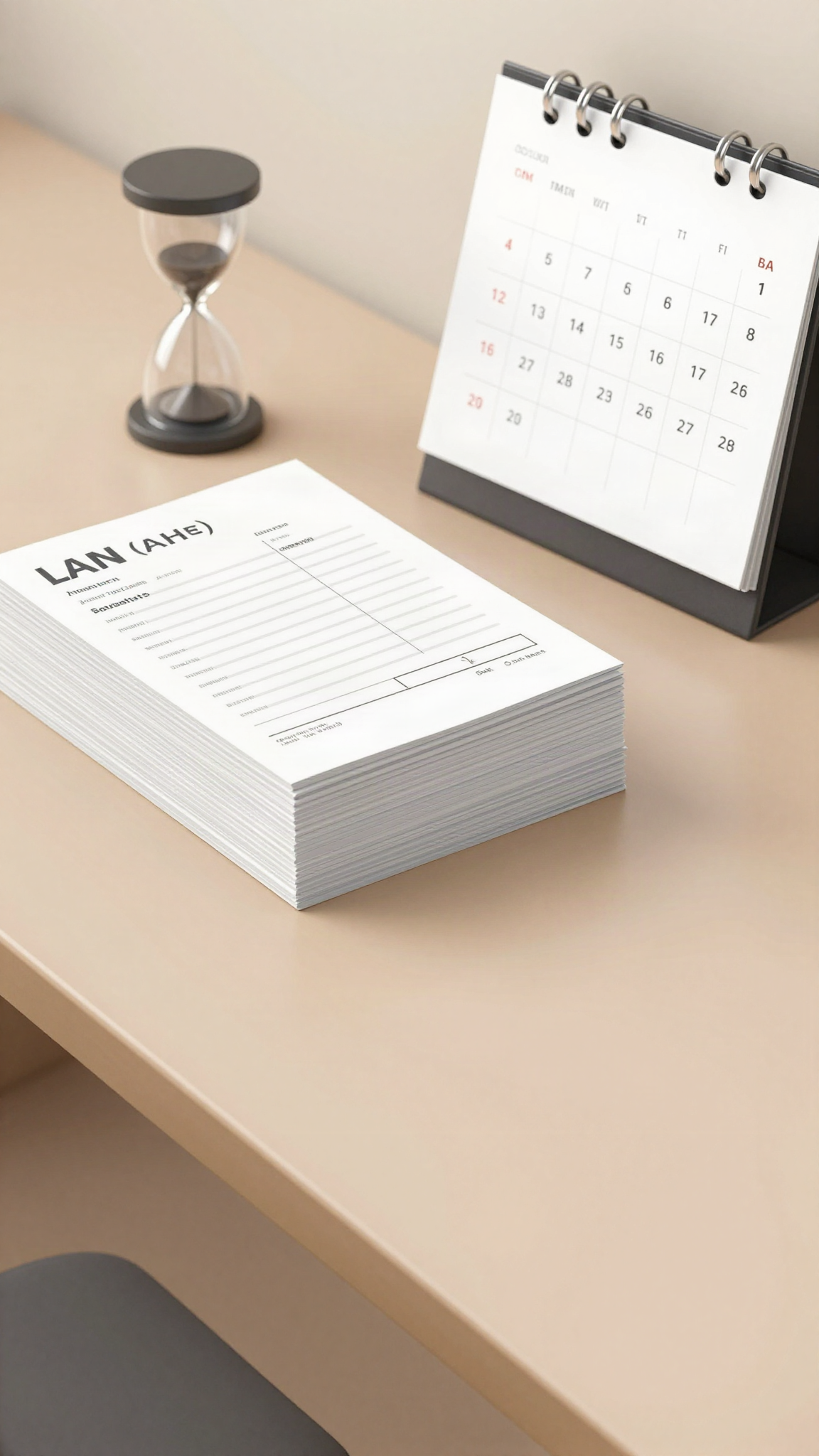 Factures, calendrier et sablier sur un bureau (illustration)