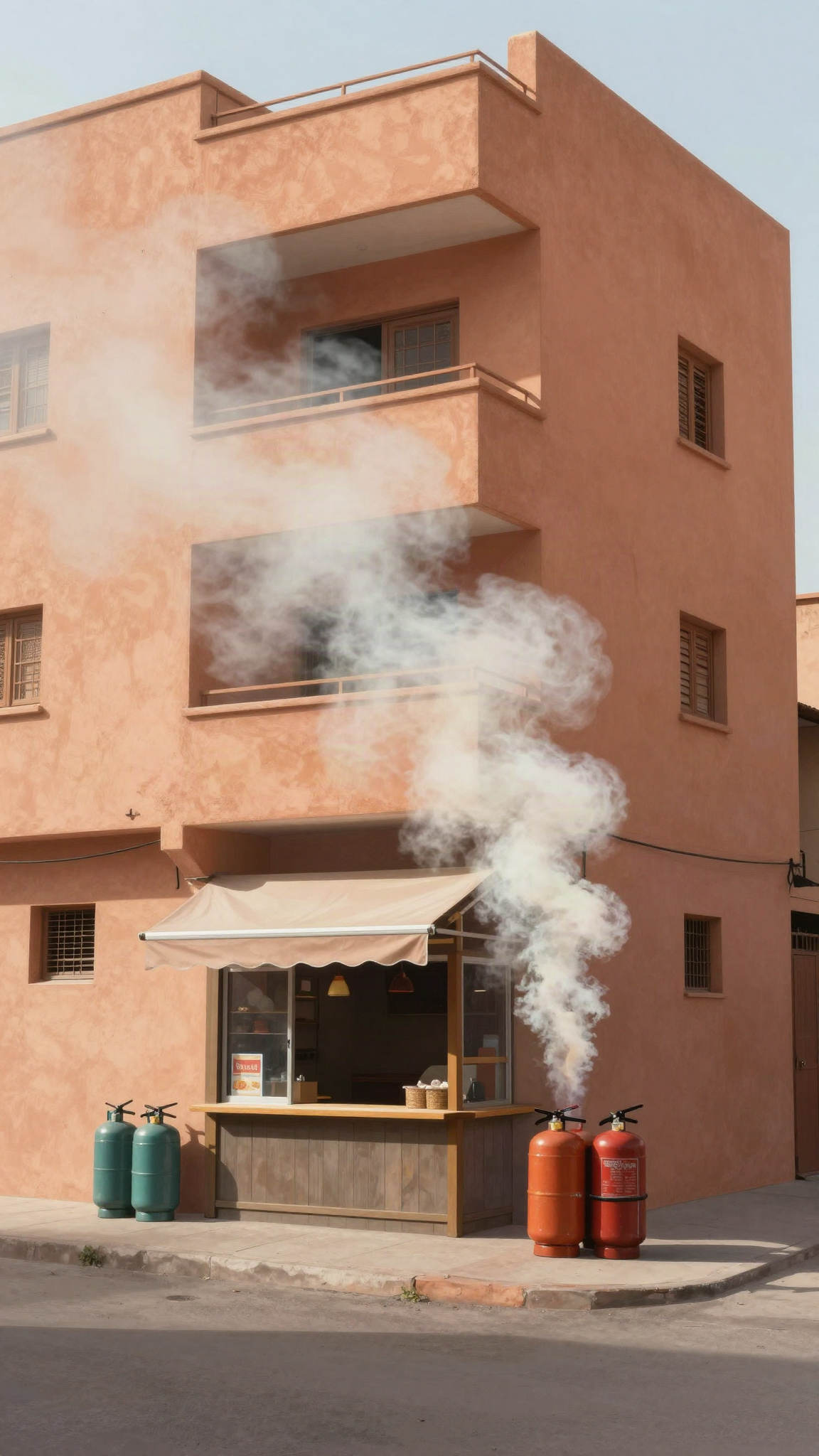 Illustration : de la fumée sort d'un snack au pied d'un immeuble à Marrakech