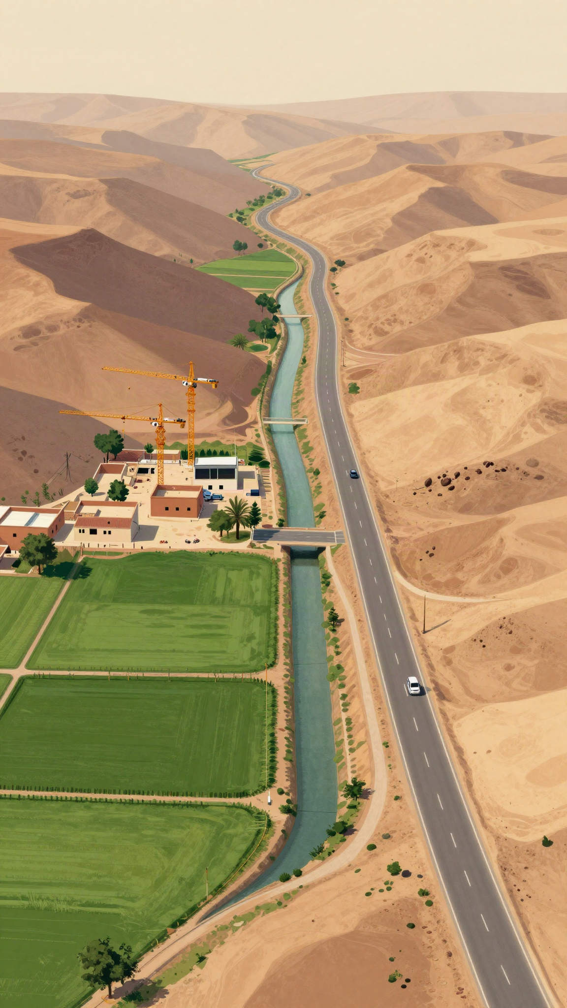 Route, canal et champs en construction dans une région marocaine, illustration