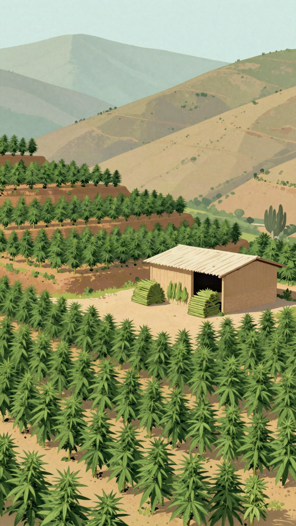 Champs de cannabis en terrasses dans une vallée du nord du Maroc, illustration