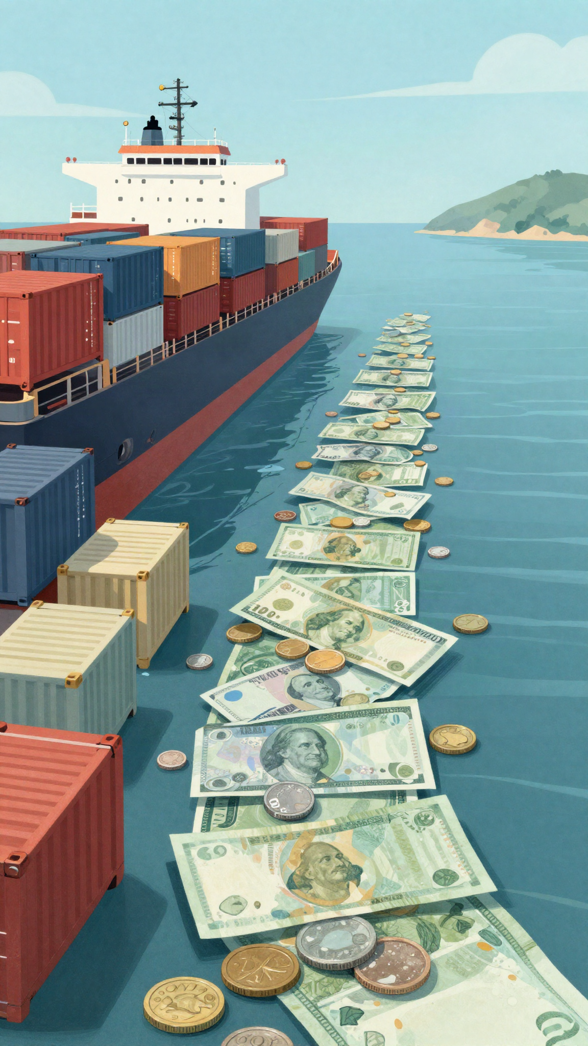 Illustration : navire de fret et flux de billets vers une côte