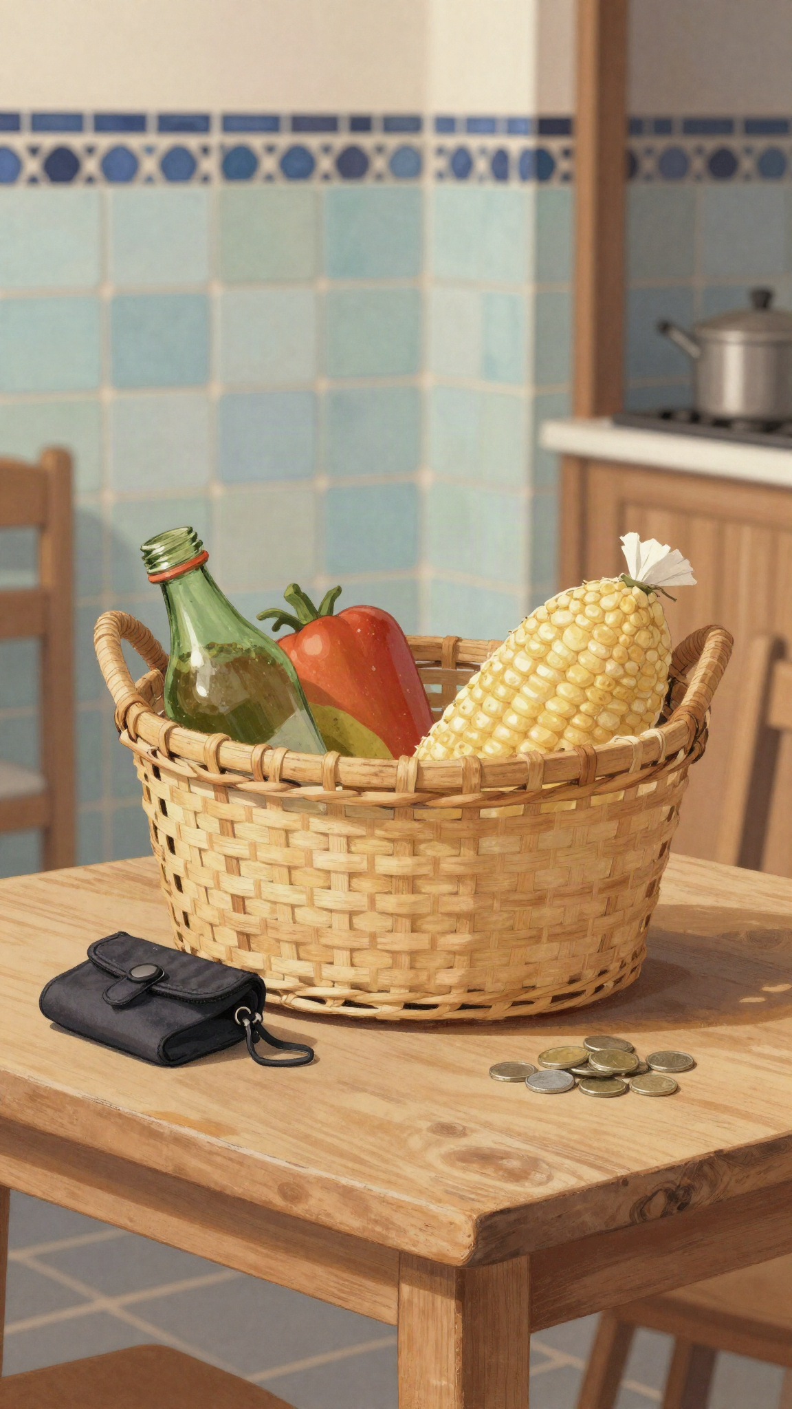 Panier de courses et pièces sur une table