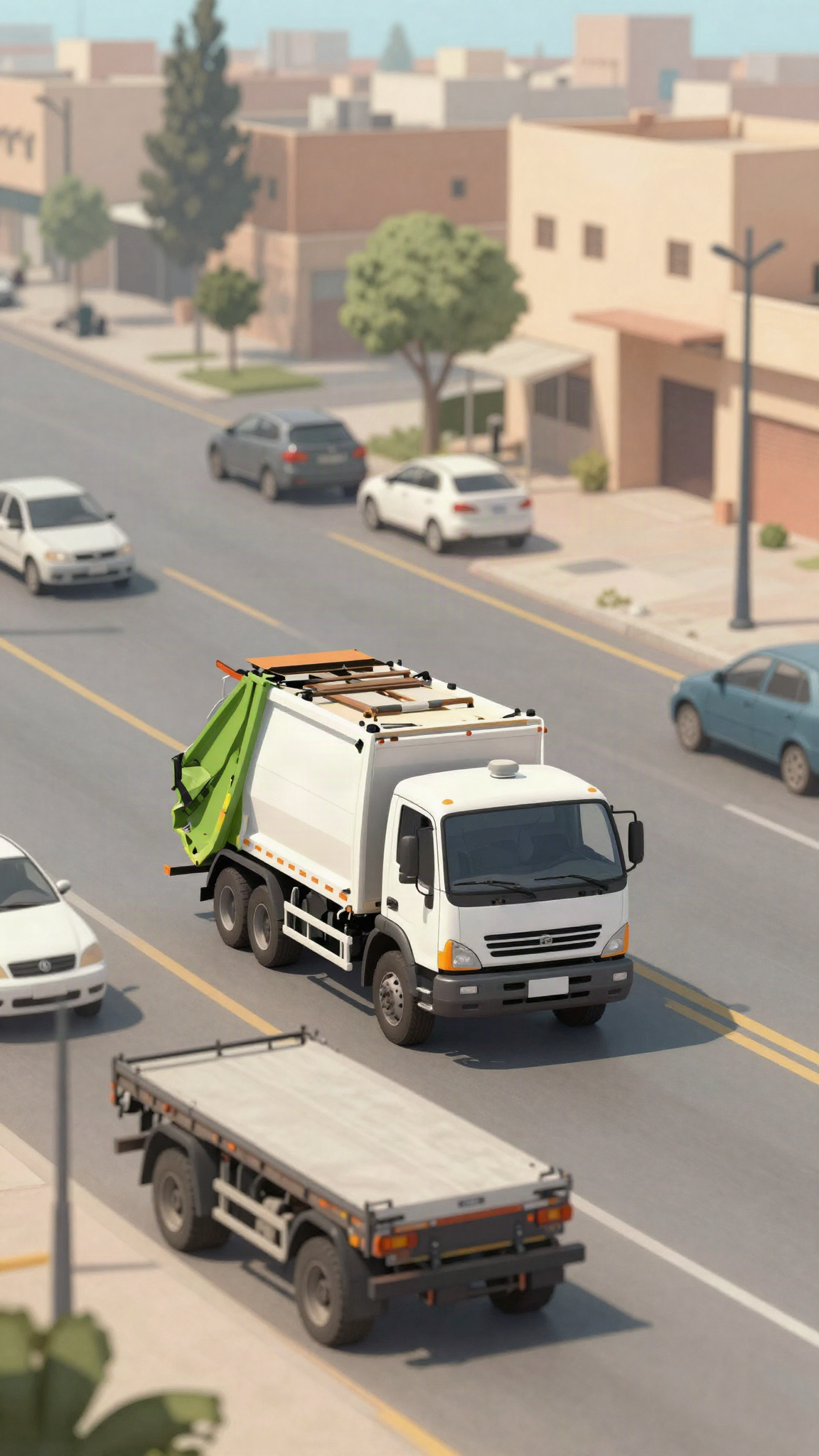 Illustration : un camion à ordures dans une zone industrielle