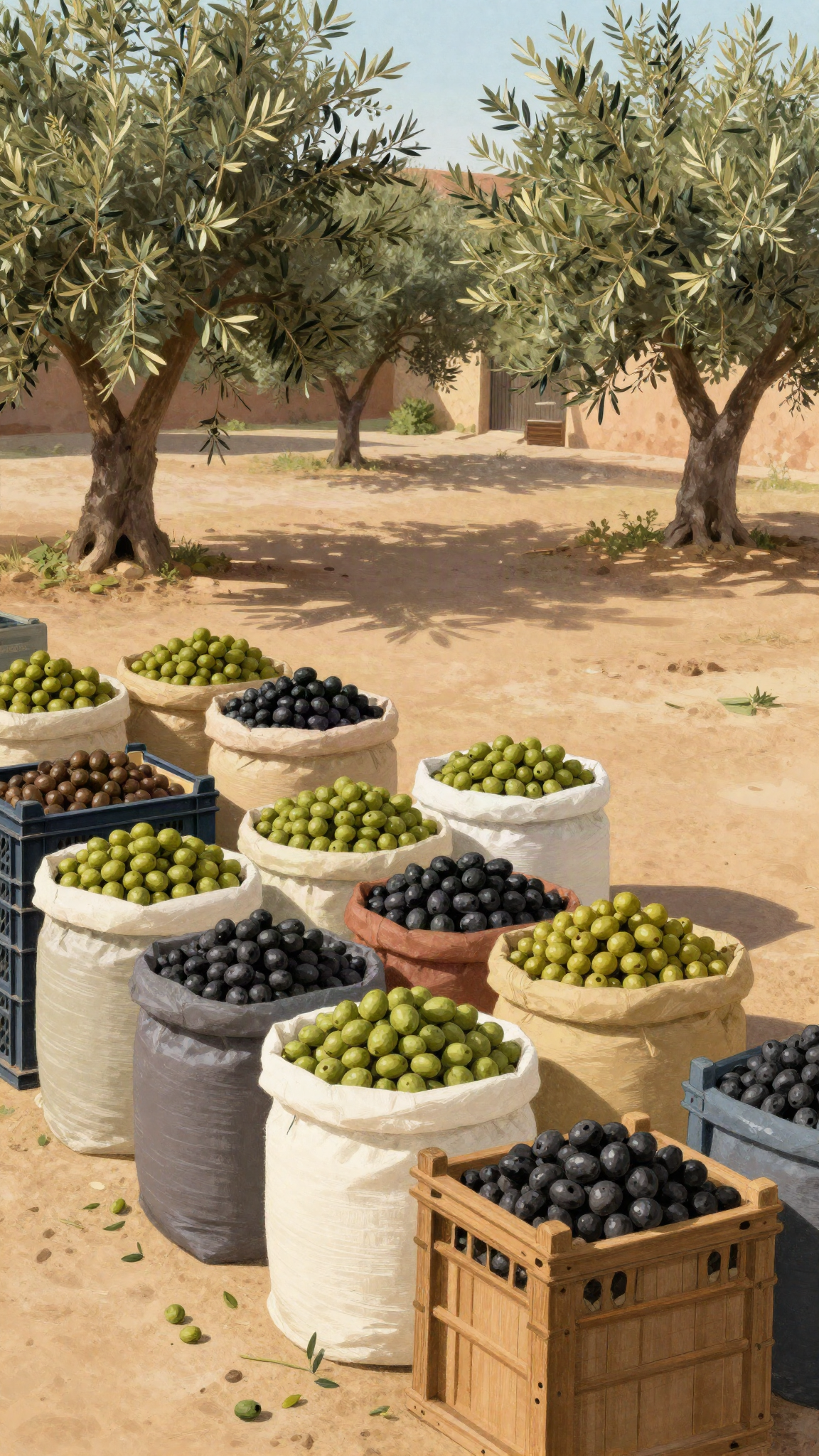 Caisses d'olives sur un marché rural, illustration