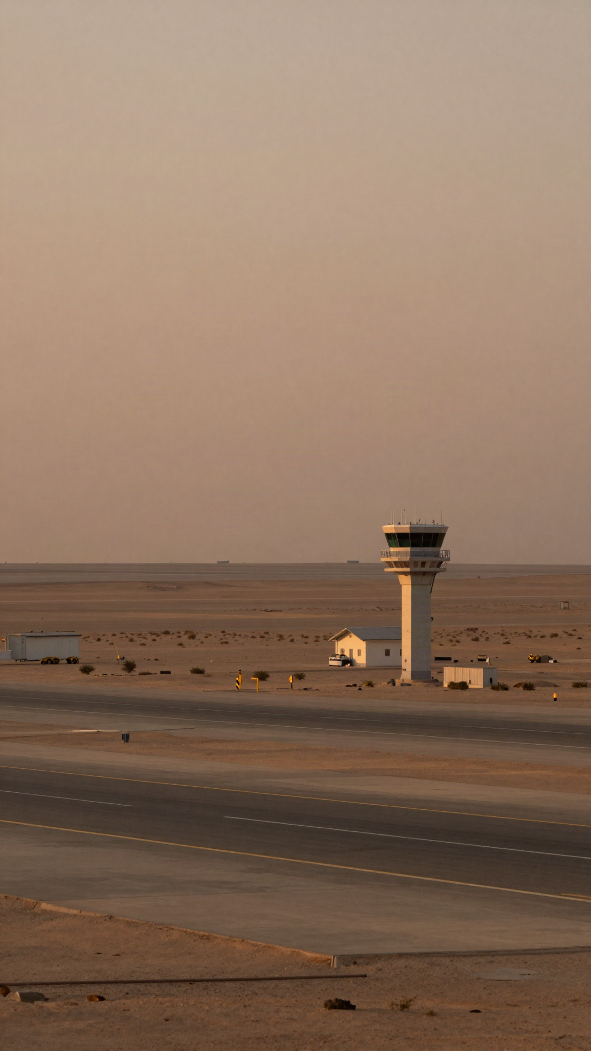 Illustration : une piste d'aéroport et sa tour de contrôle au crépuscule, dans le désert