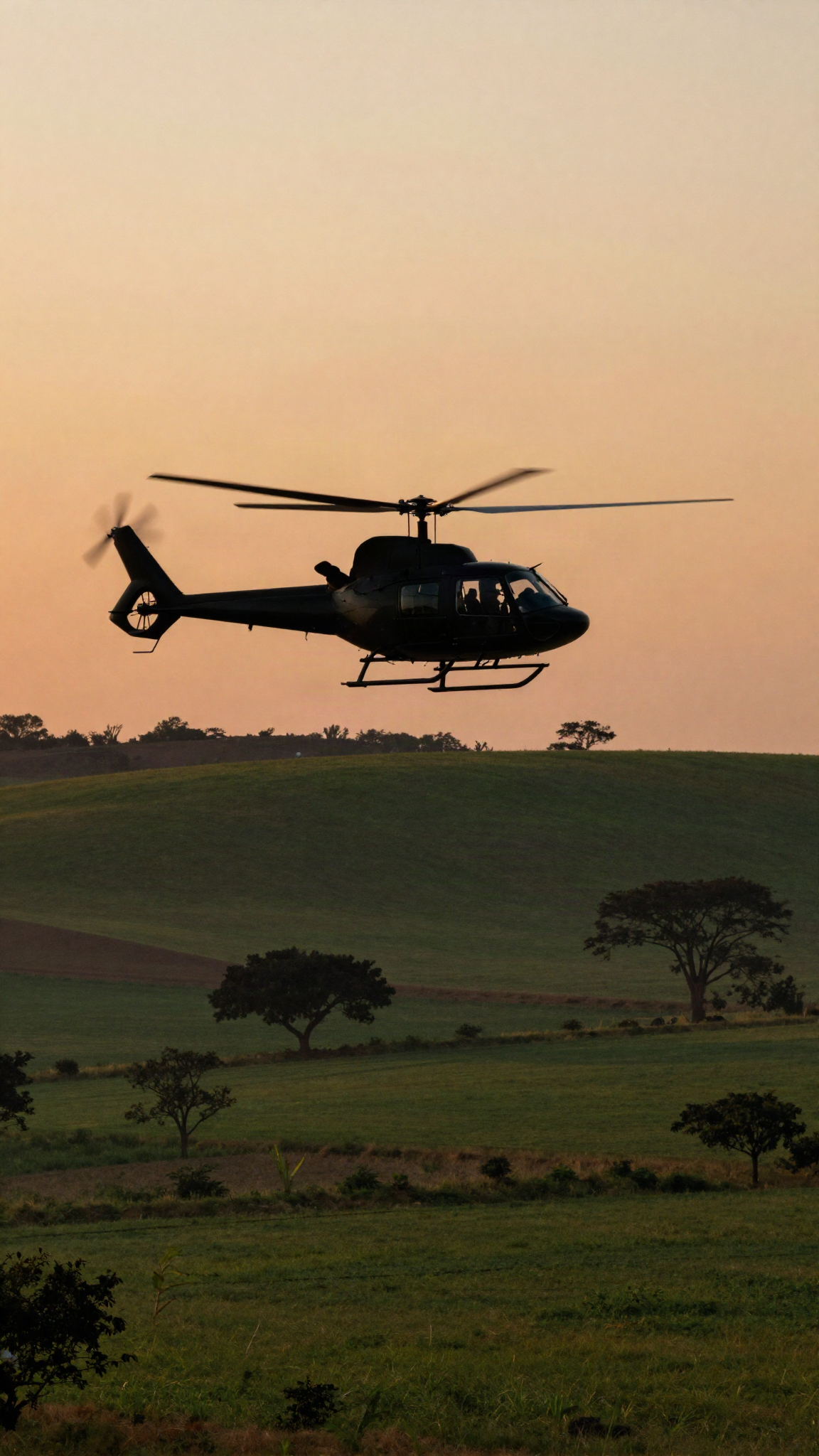 Silhouette d'hélicoptère au crépuscule au-dessus de la campagne zémbabwéenne