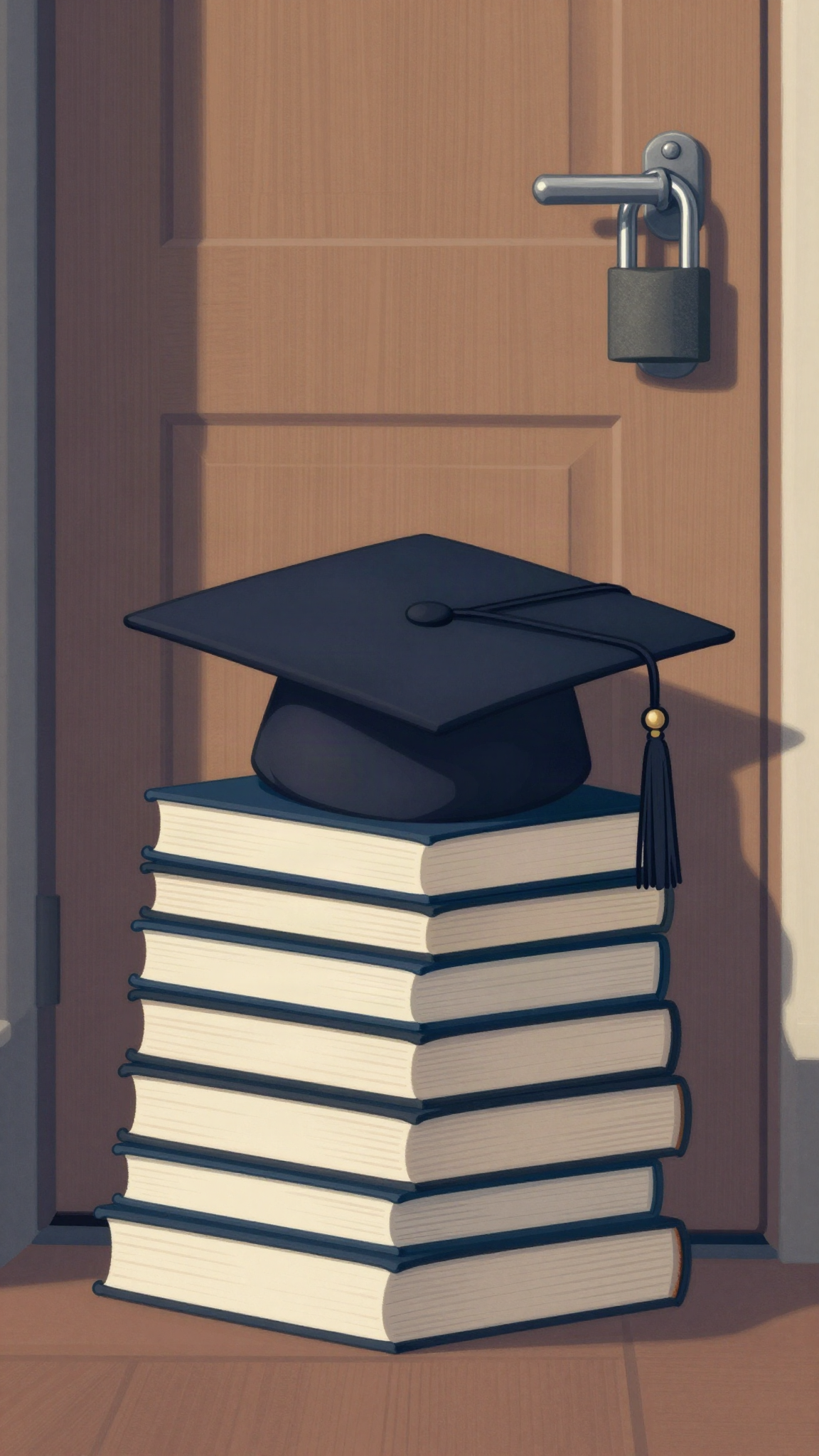 Toque de diplômé posée sur des livres devant une porte cadenassée